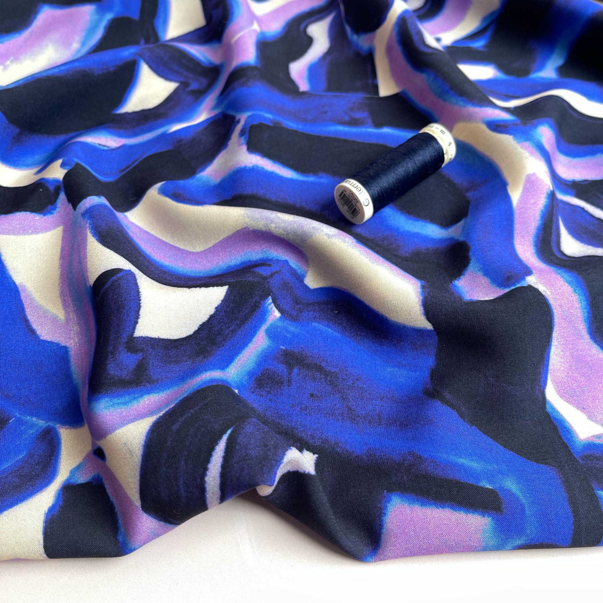 REMNANT 0.9 Metre (pulled stitch and area with dye missing ) Abstract Navy and Lilac Viscose Fabric - Image 3