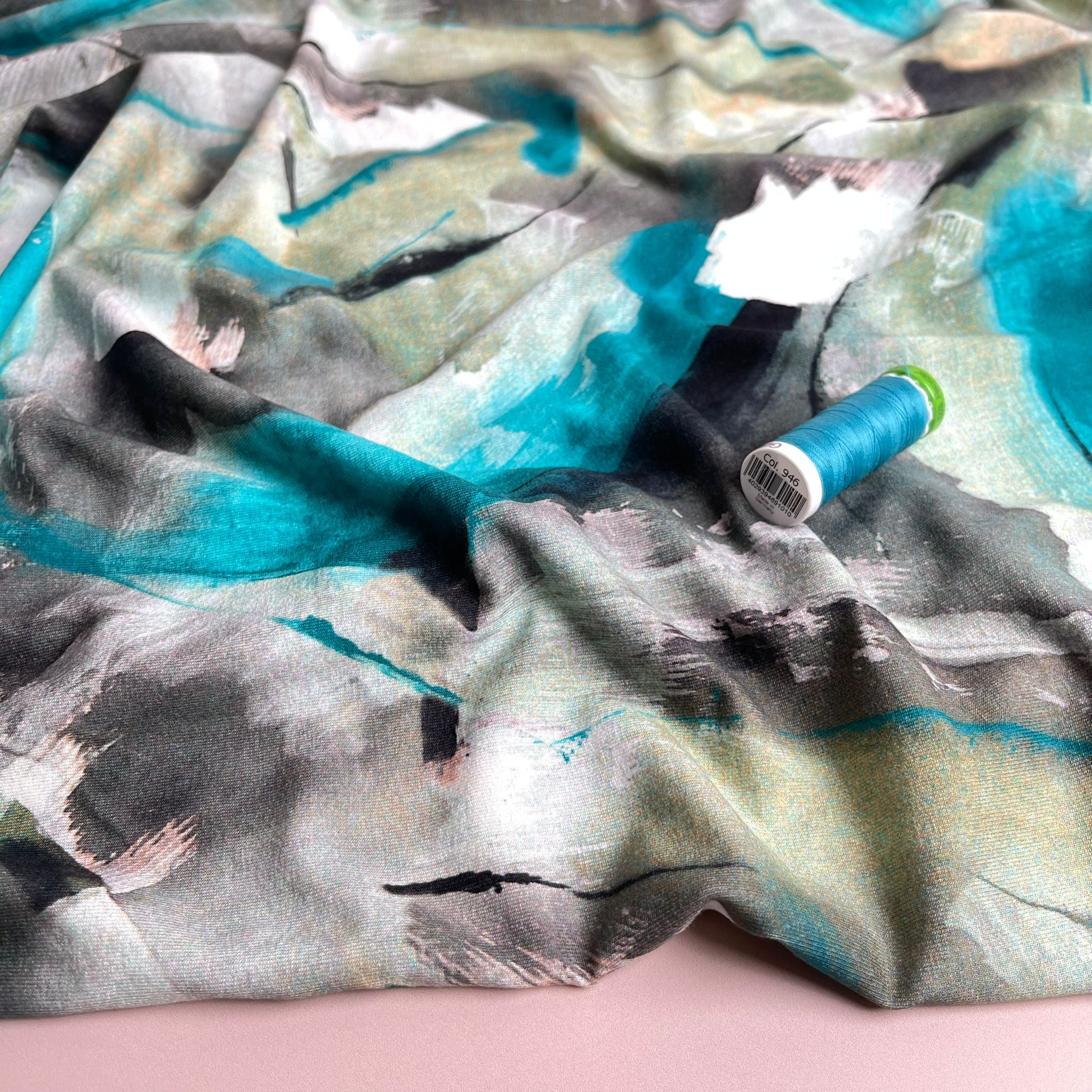 Abstract Painting in Turquoise and Olive Viscose Jersey Fabric - Image 3
