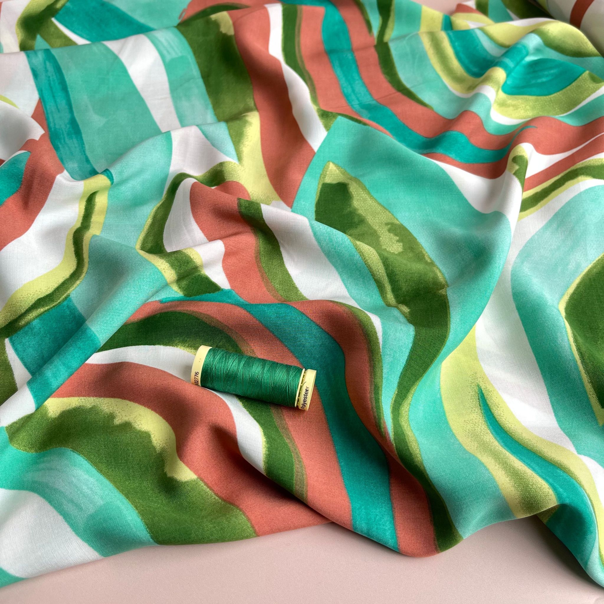 Abstract Waves Green Viscose Poplin Fabric - Image 5