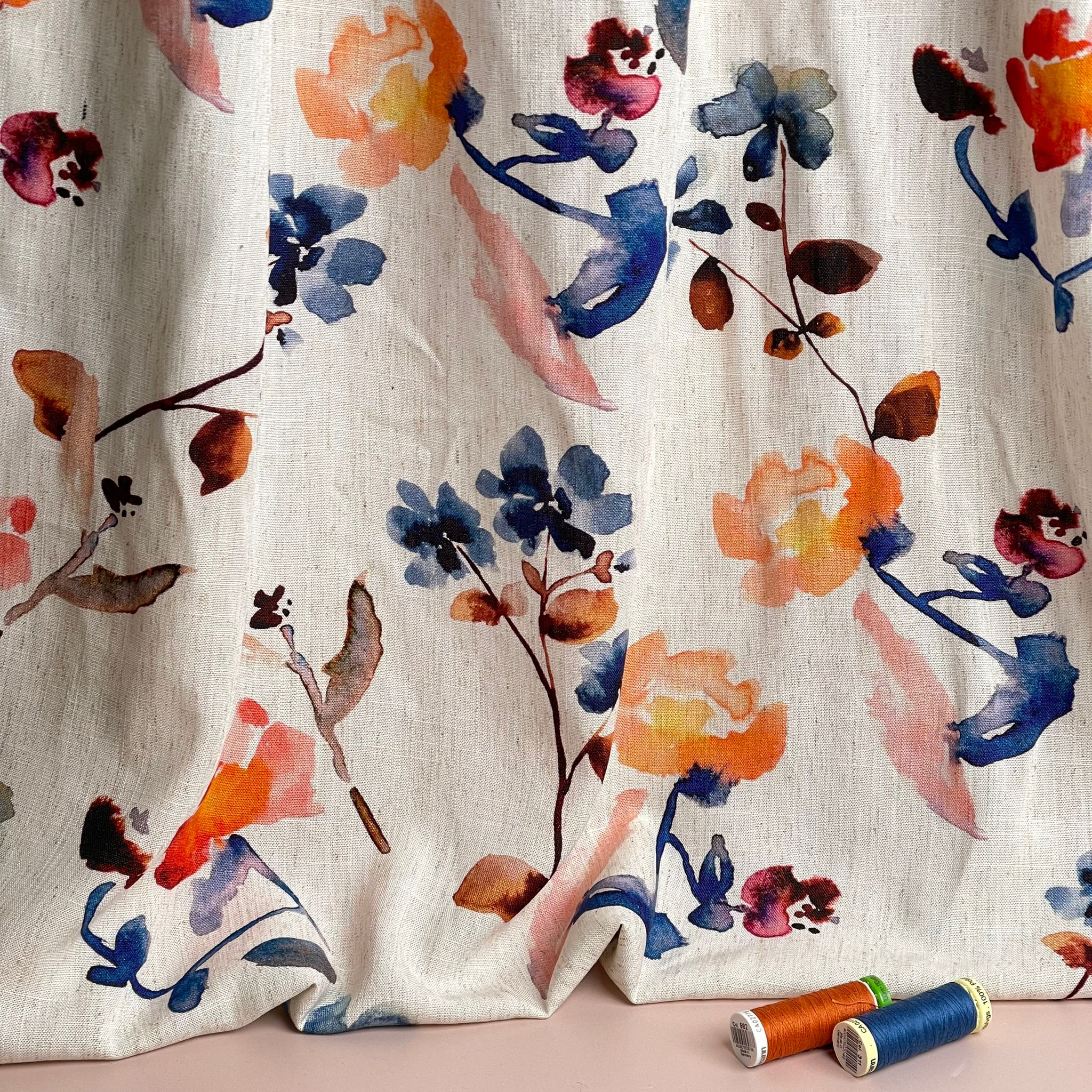 Apricot and Blue Florals Viscose Linen Fabric - Image 6