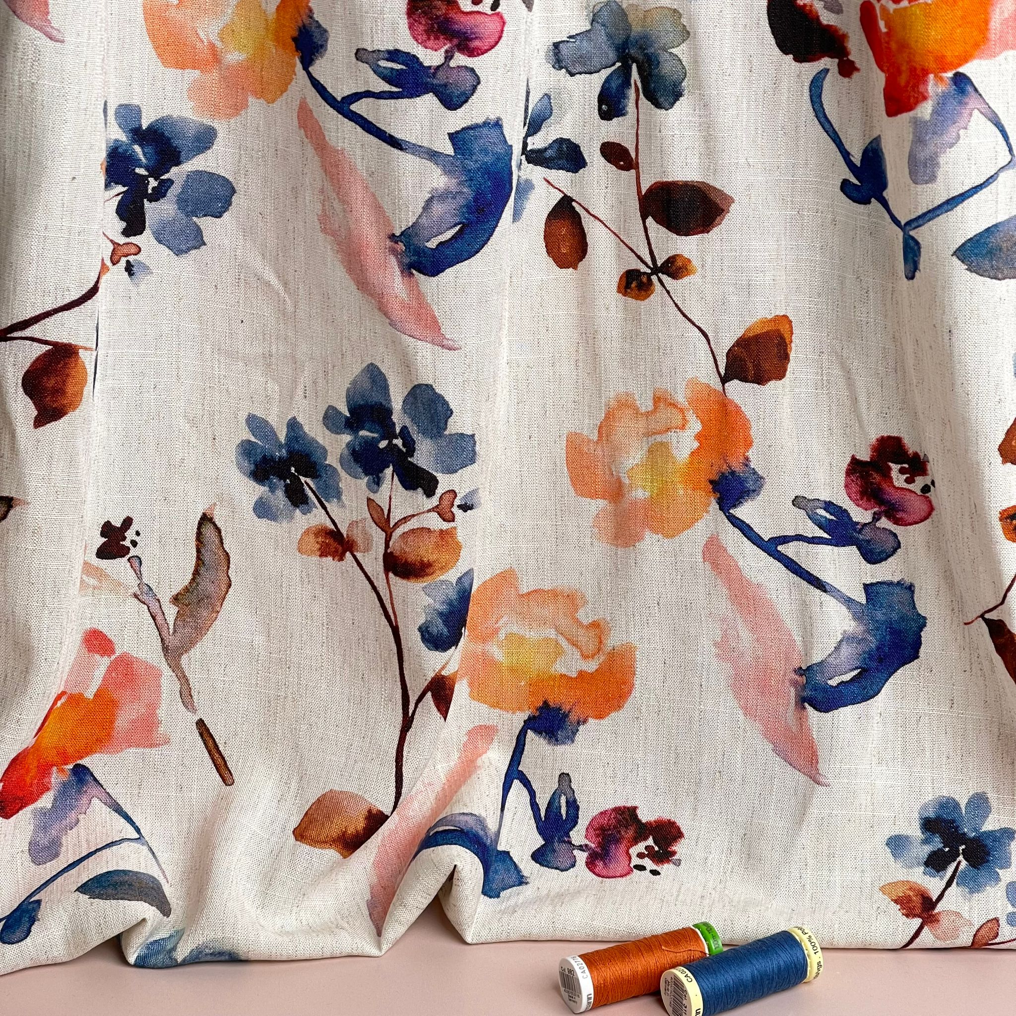 Apricot and Blue Florals Viscose Linen Fabric - Image 7