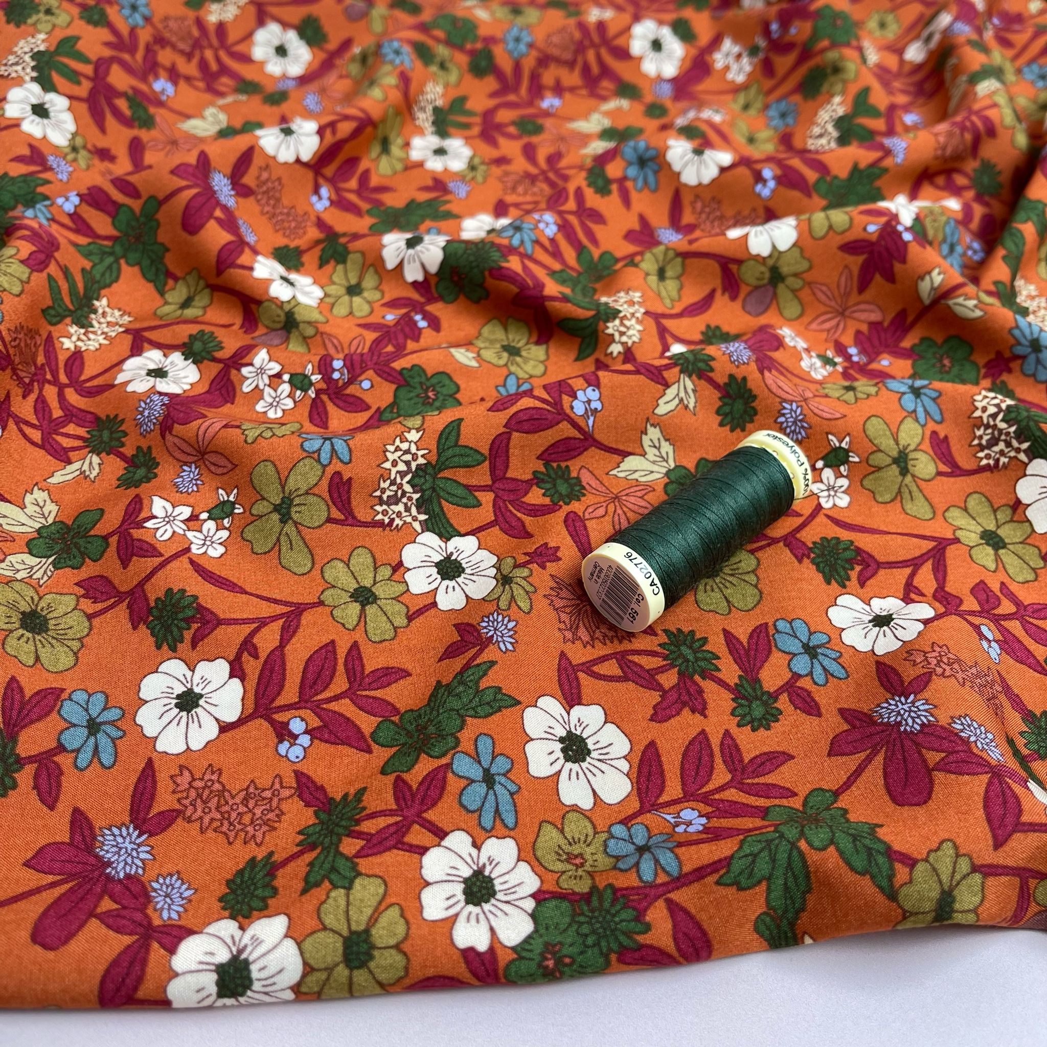 Autumn Blossoms on Orange Viscose Fabric - Image 3