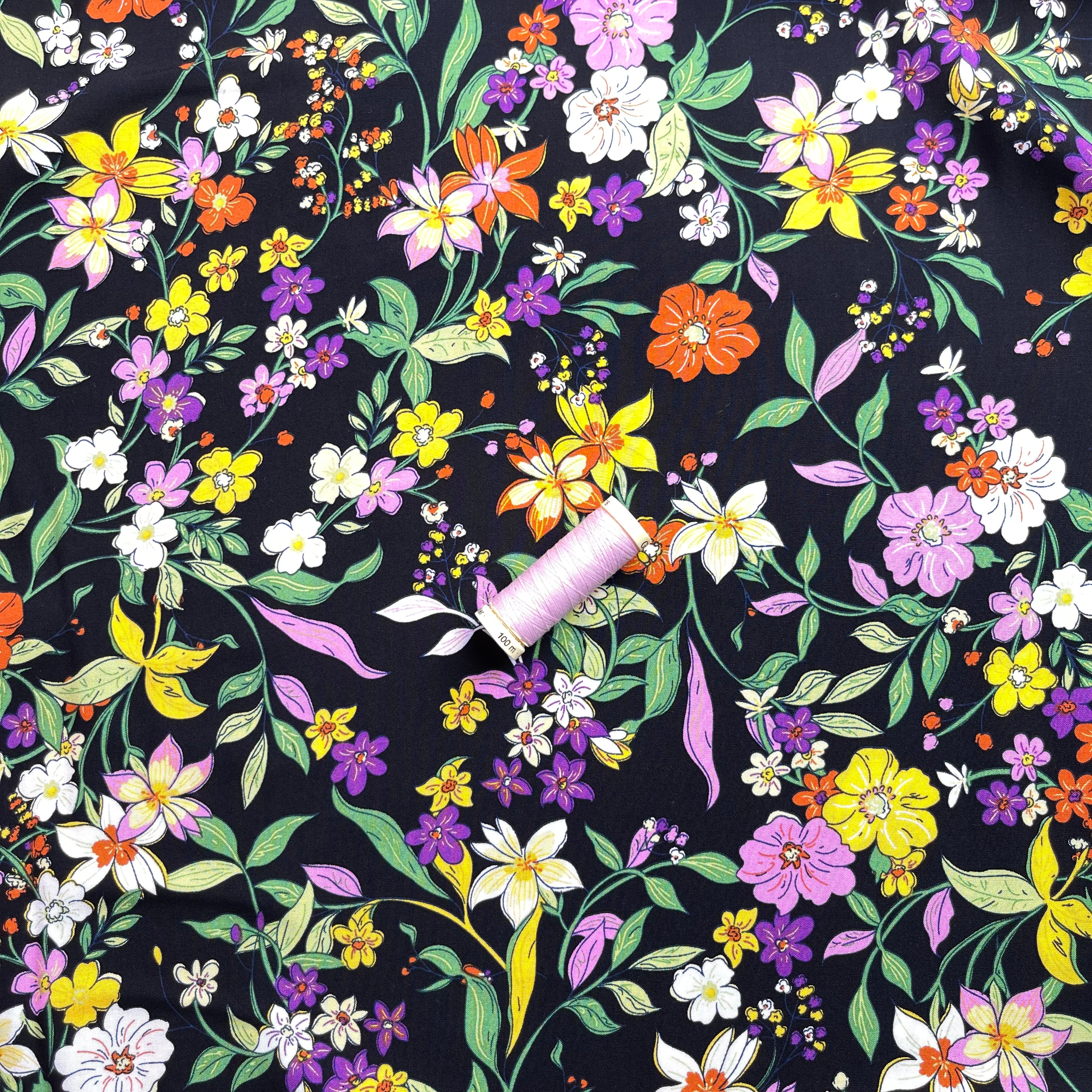 Autumn Flowers Black Viscose Poplin Fabric - Image 9