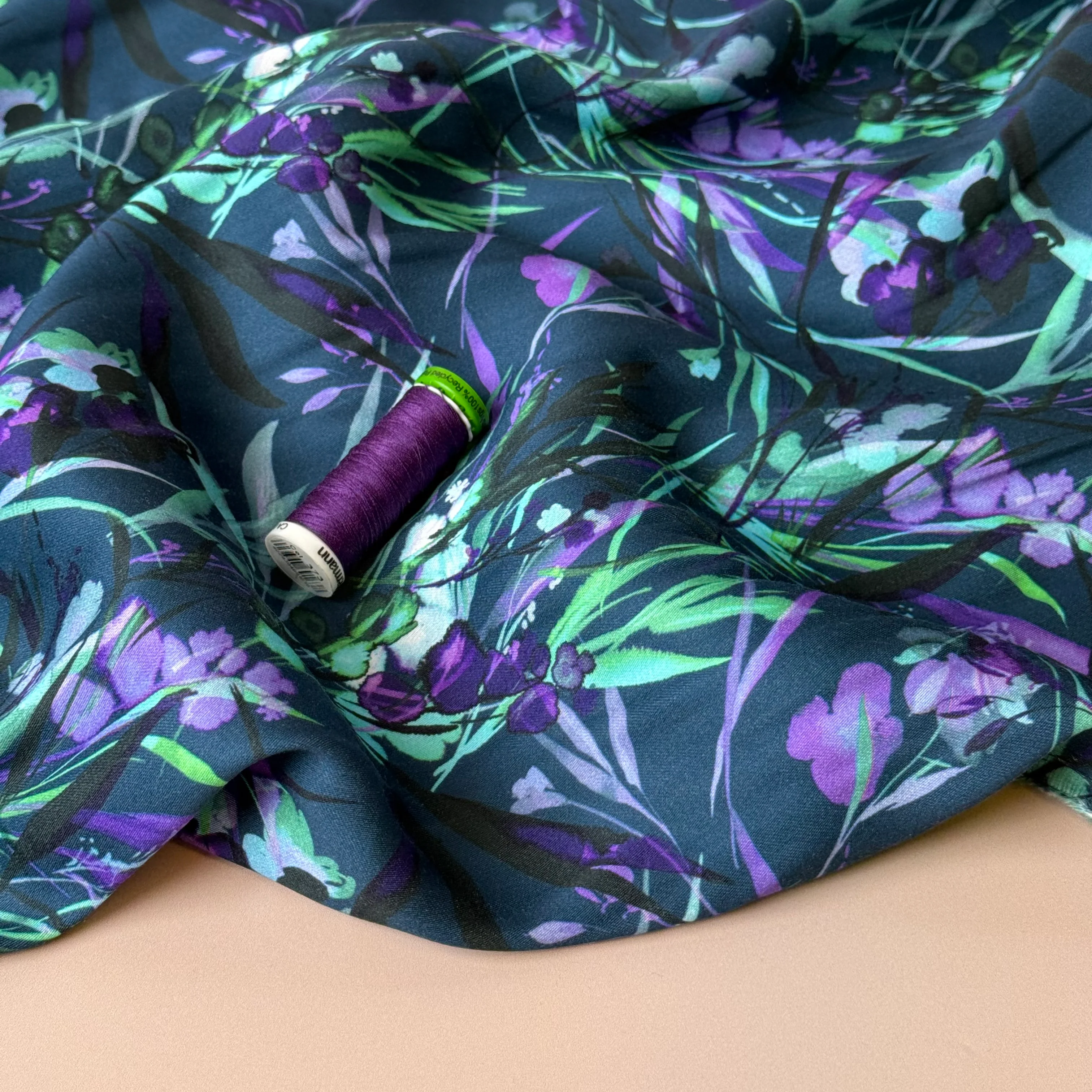 Autumn Foliage Petrol Blue Viscose Sateen Fabric - Image 2