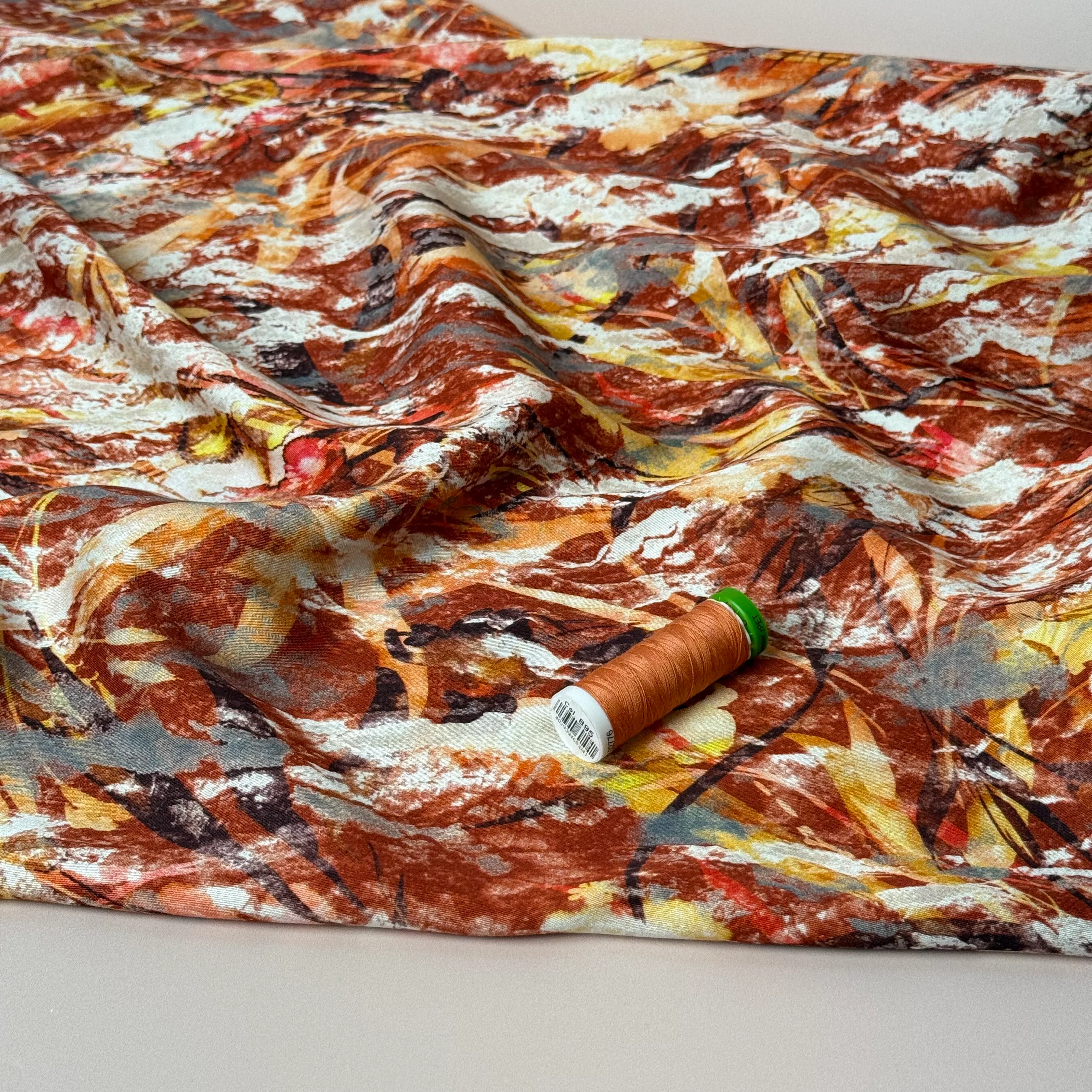 Autumn Foliage Terracotta Viscose Sateen Fabric - Image 7
