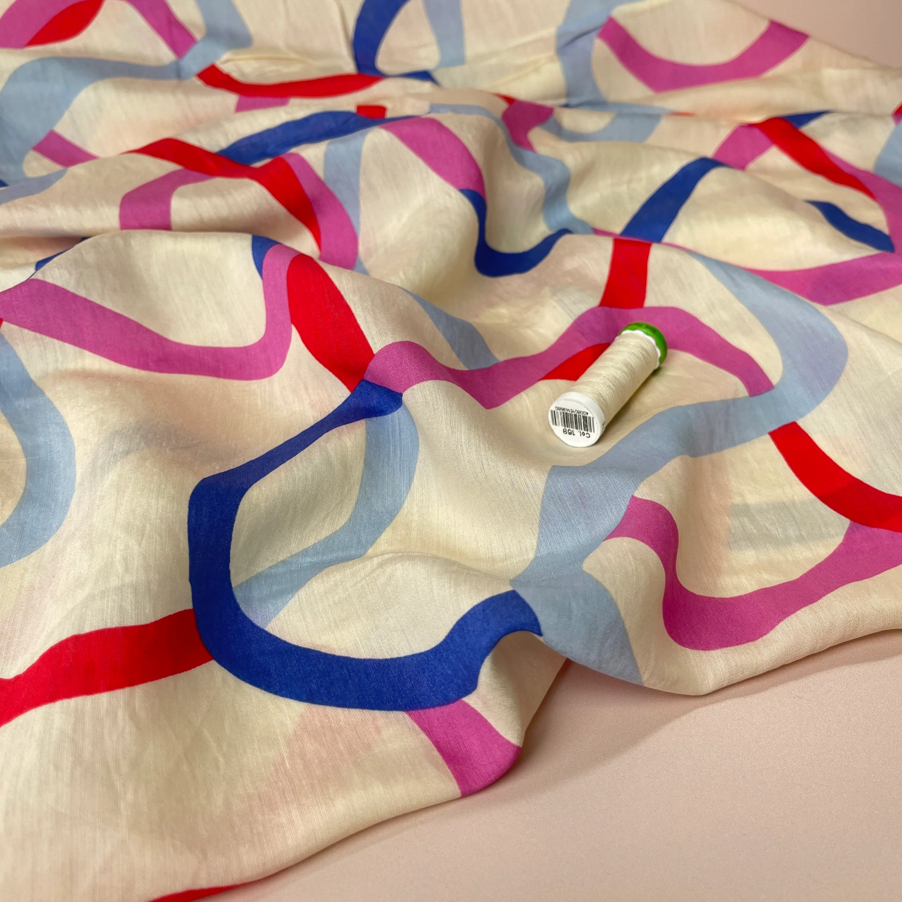 Blue and Pink Ribbons Viscose Blend Fabric - Image 6