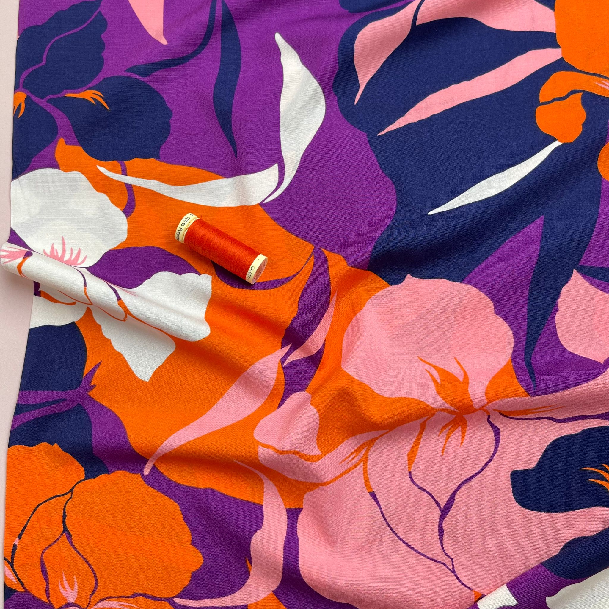 Bold Blooms on Purple Stretch Viscose Poplin Fabric - Image 2