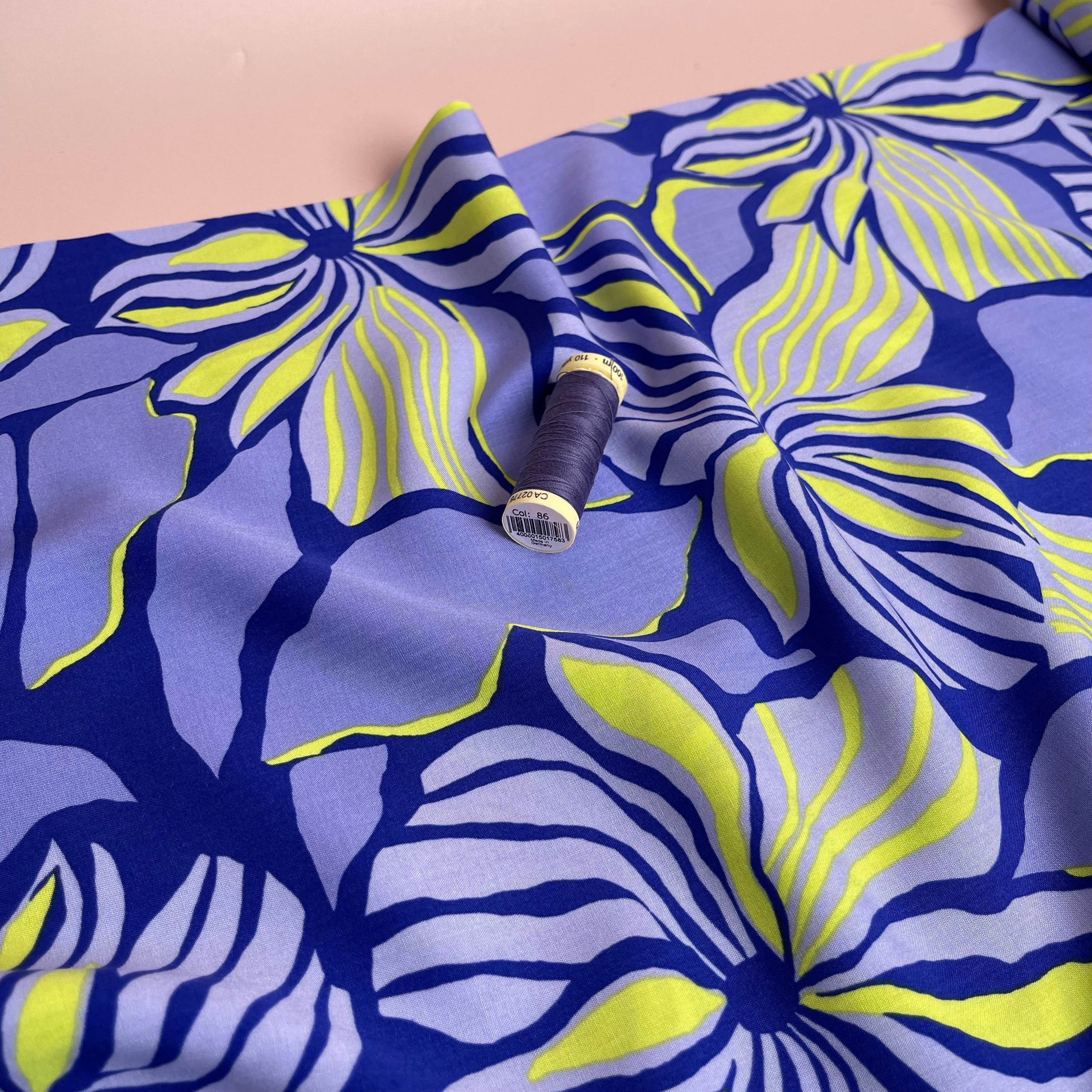 Bold Painted Flowers on Blue LENZING™ ECOVERO™ Viscose Fabric - Image 4