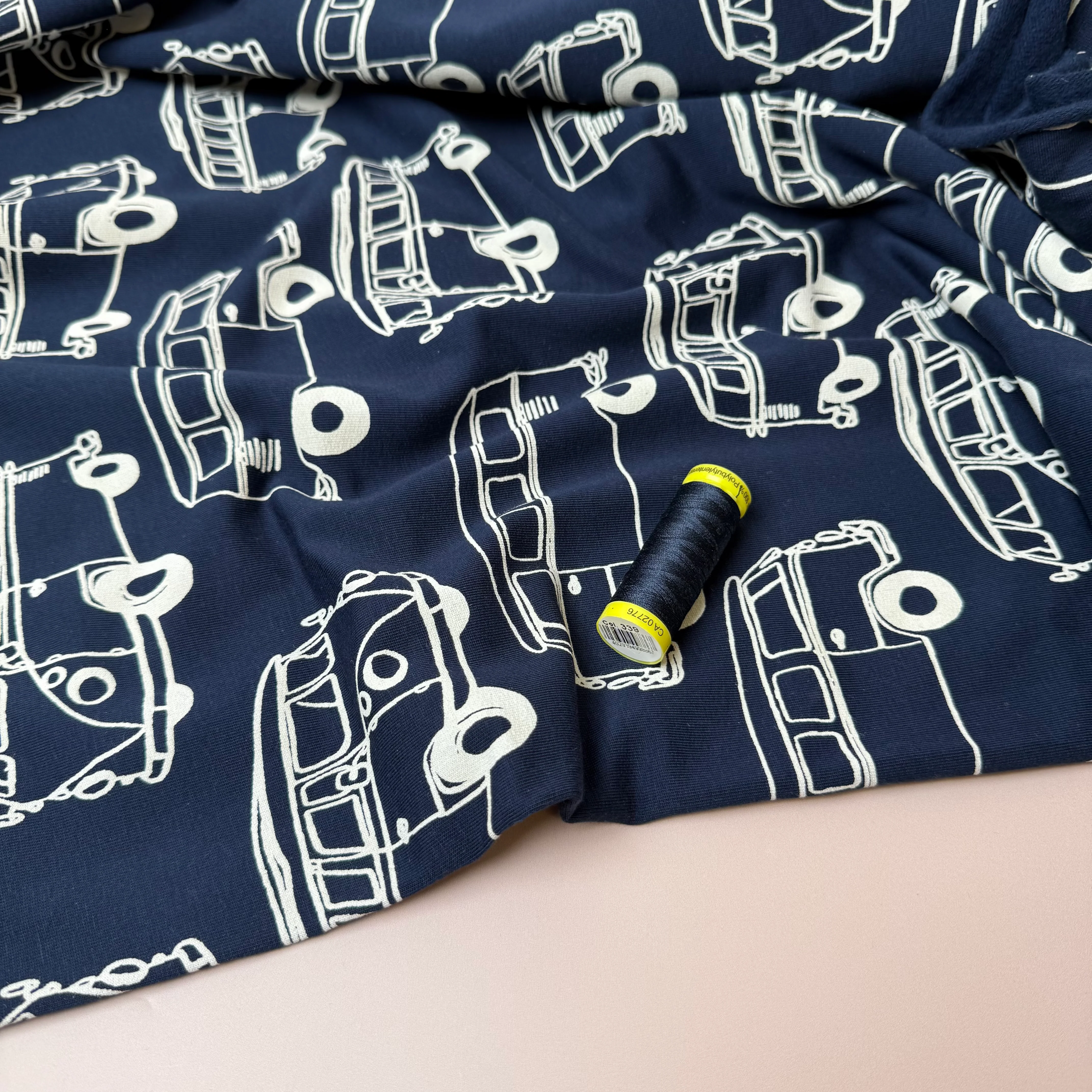 Camper Vans in Navy Peach Soft Cotton Sweat-shirting Fabric - Image 5