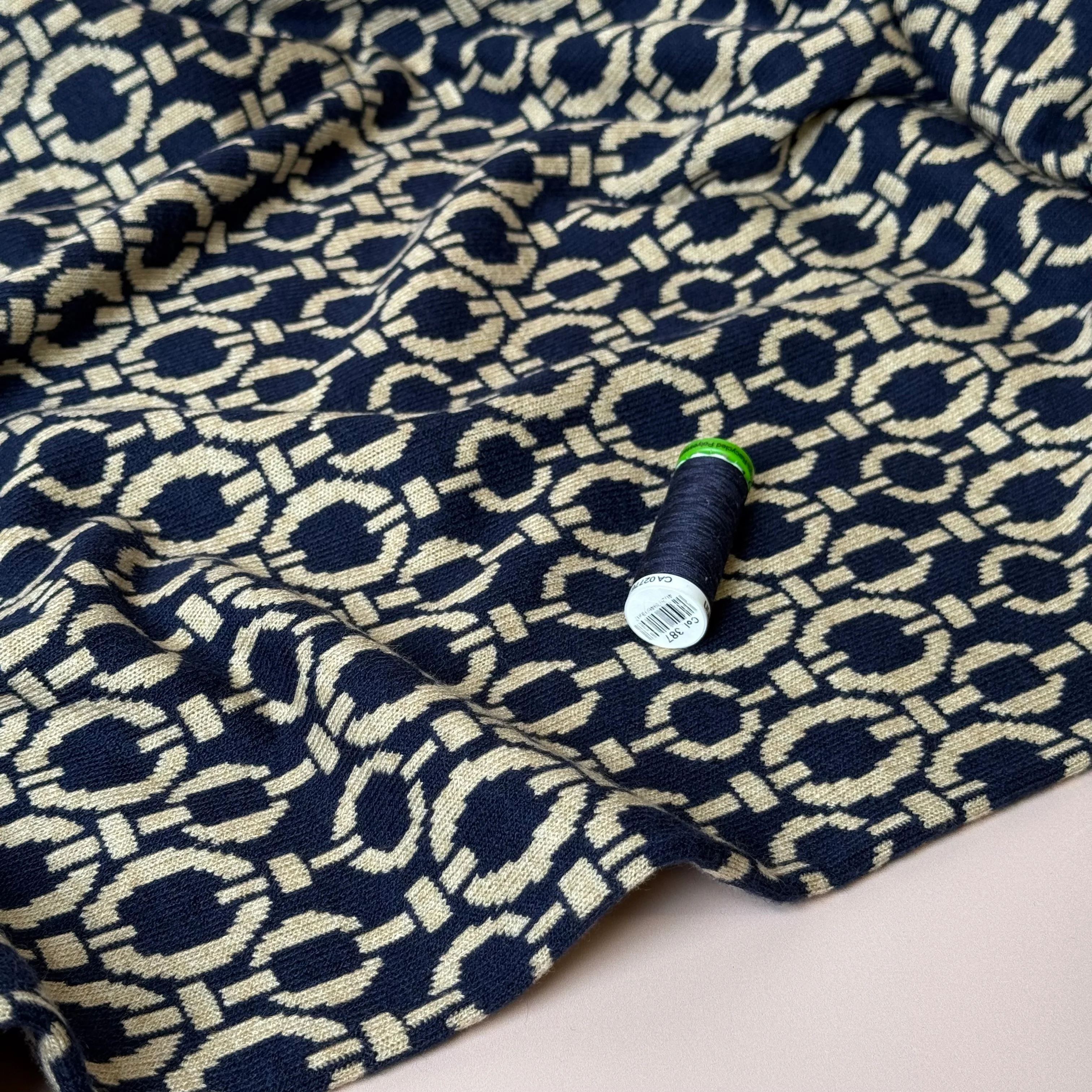Chain Loops Yarn Dyed Viscose Blend Jacquard Knit in Navy - Image 6