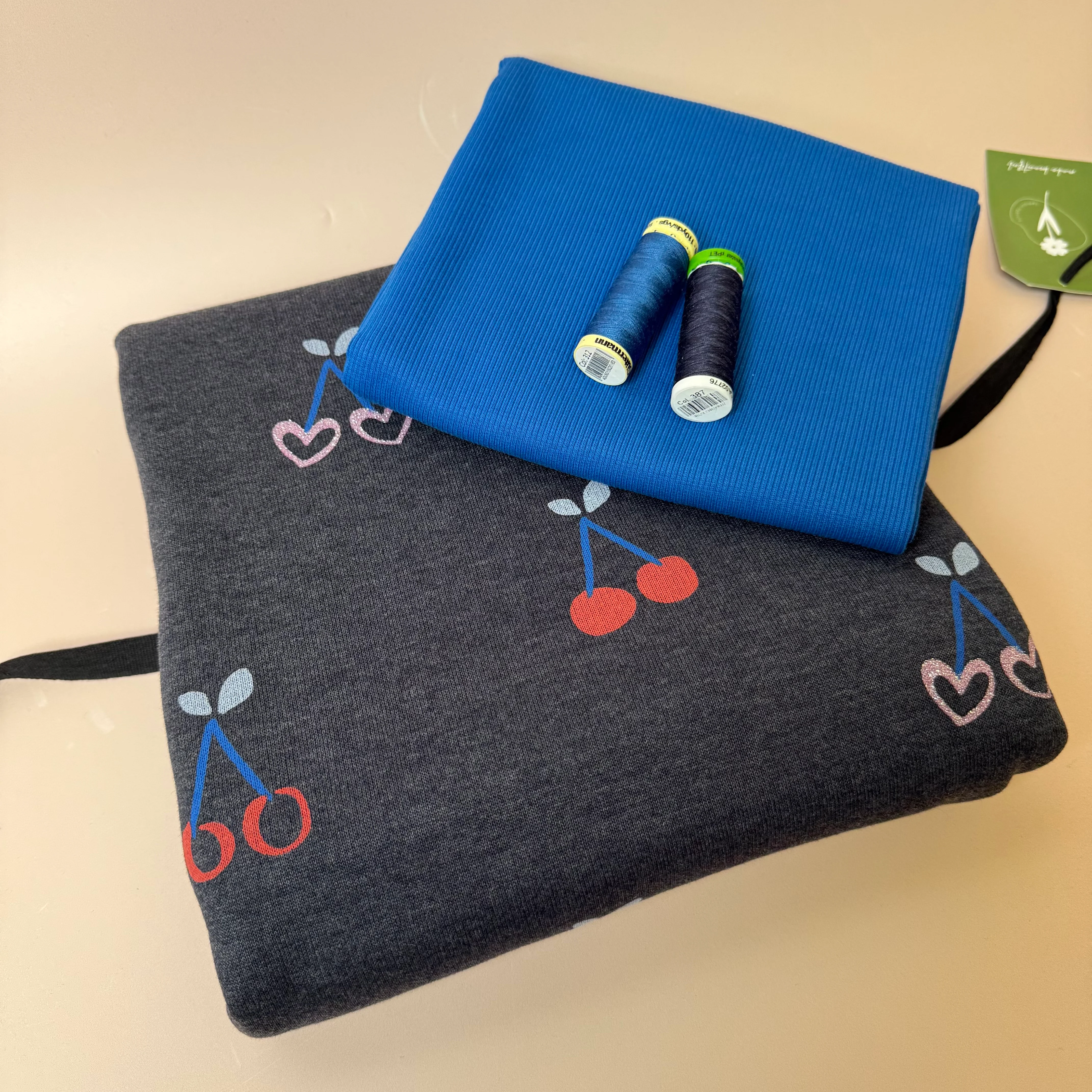 Colour Bundles - Cherries on Melange Dark Navy Sweatshirt & Ribbing - Image 9