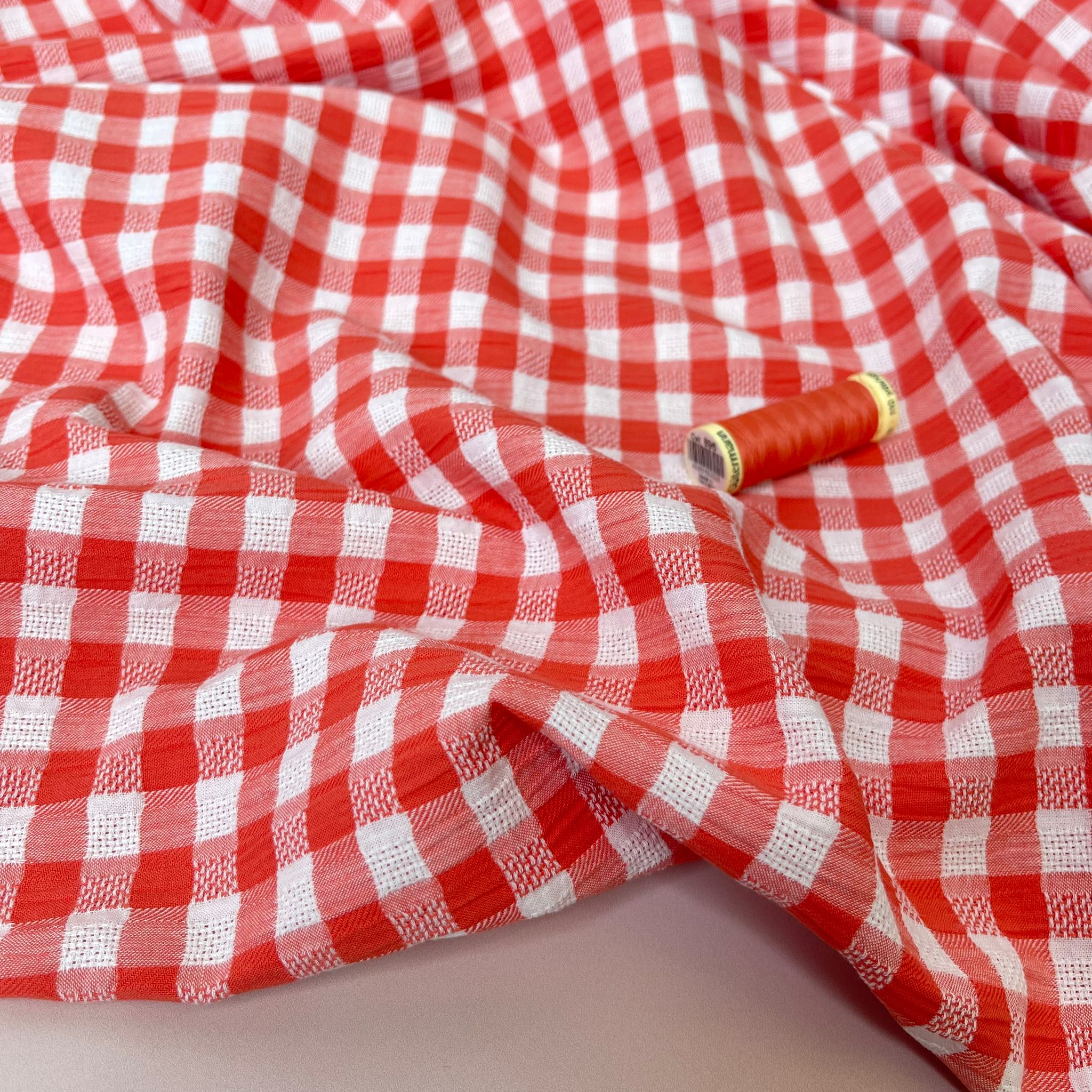 Coral Reef Gingham Cotton Seersucker Fabric - Image 6