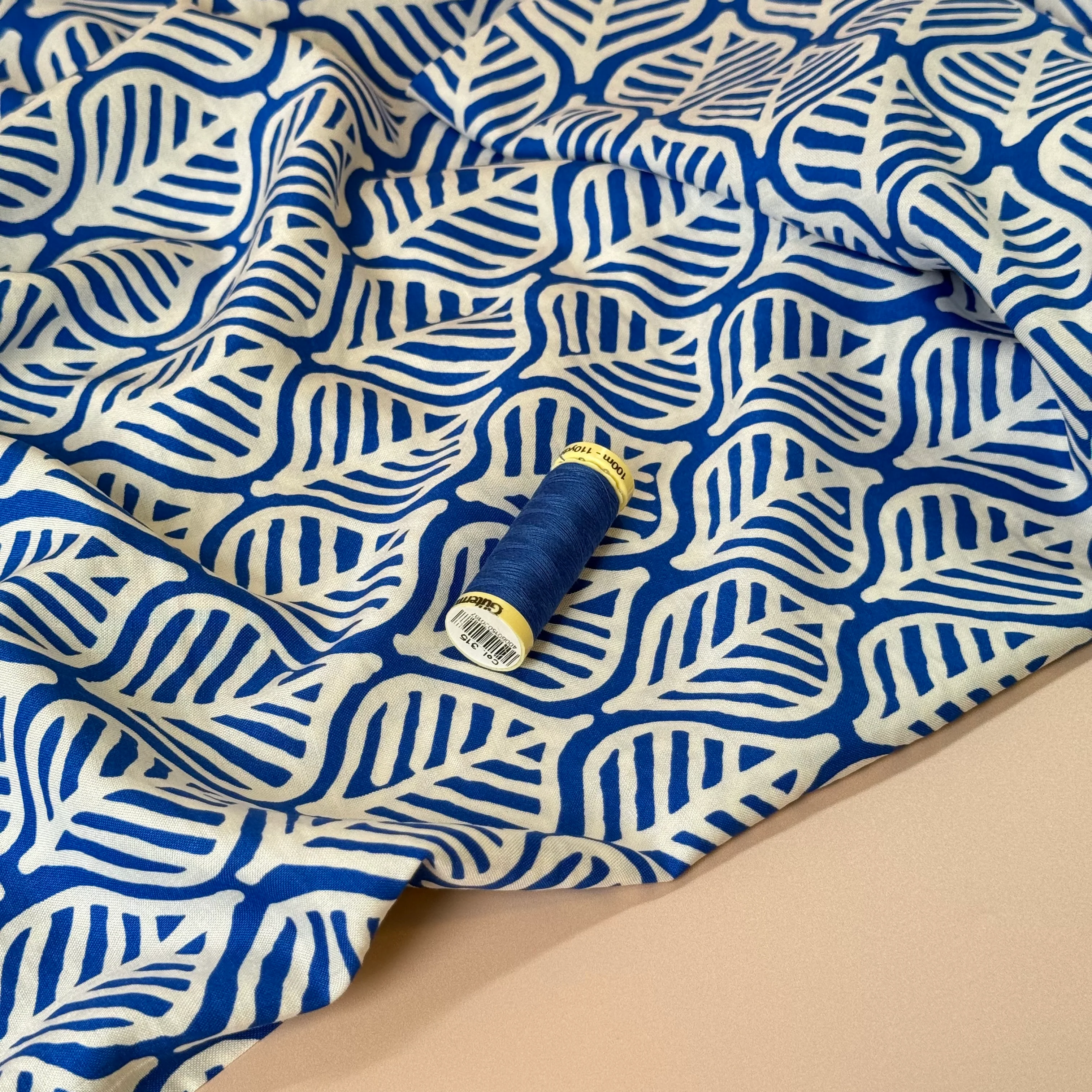 Deadstock Etched Leaves on Cobalt Viscose Fabric - Image 7