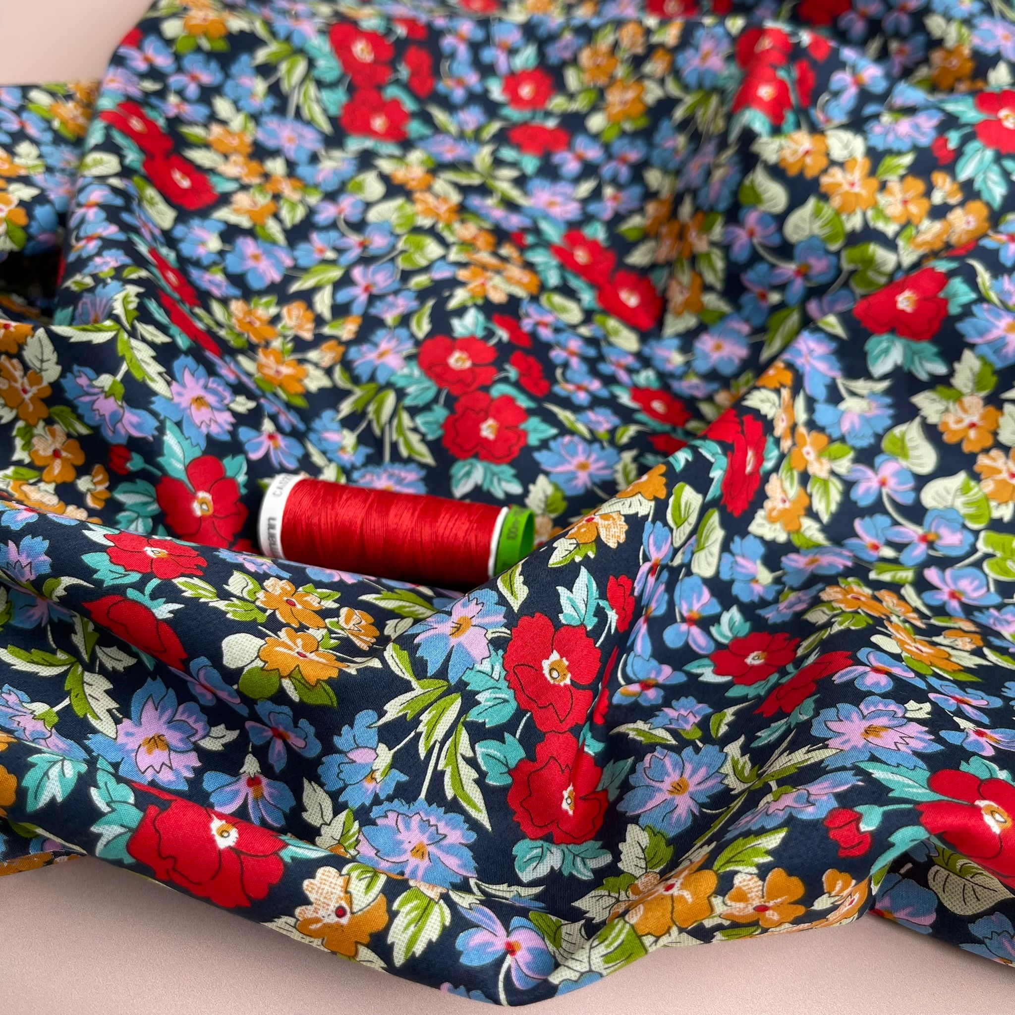Ditsy Cottage Flowers Dark Blue Cotton Lawn Fabric - Image 5