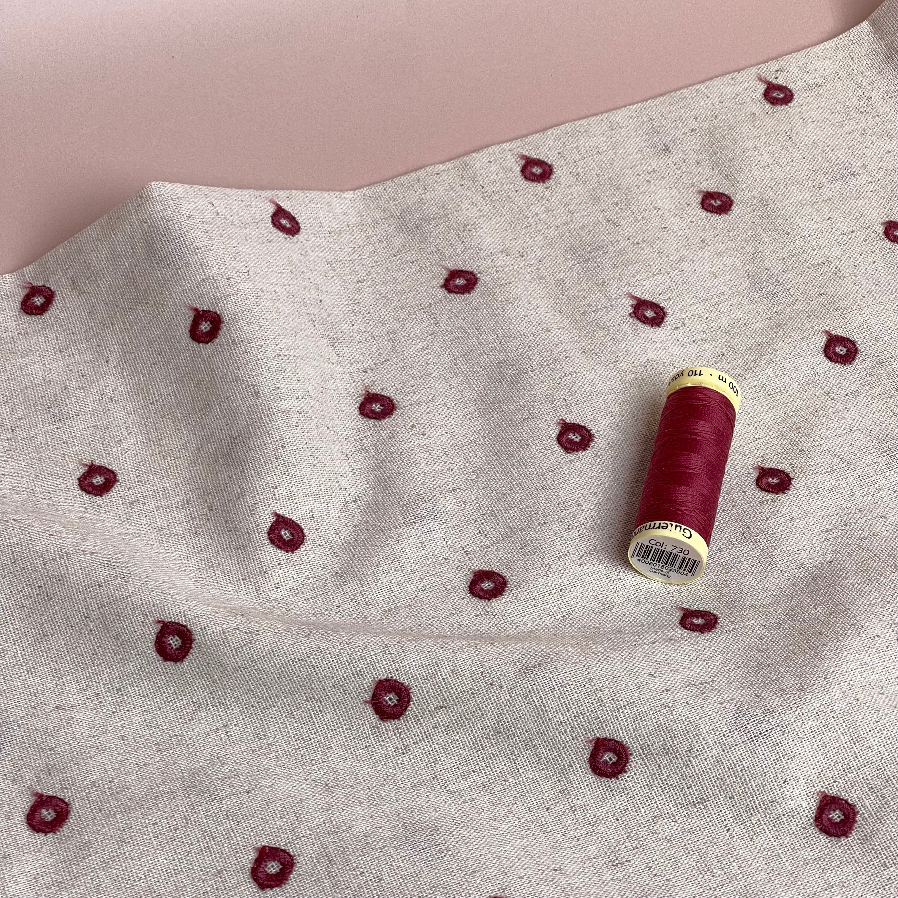 Embroidered Berry Circles on Natural Viscose Linen Blend Fabric - Image 7