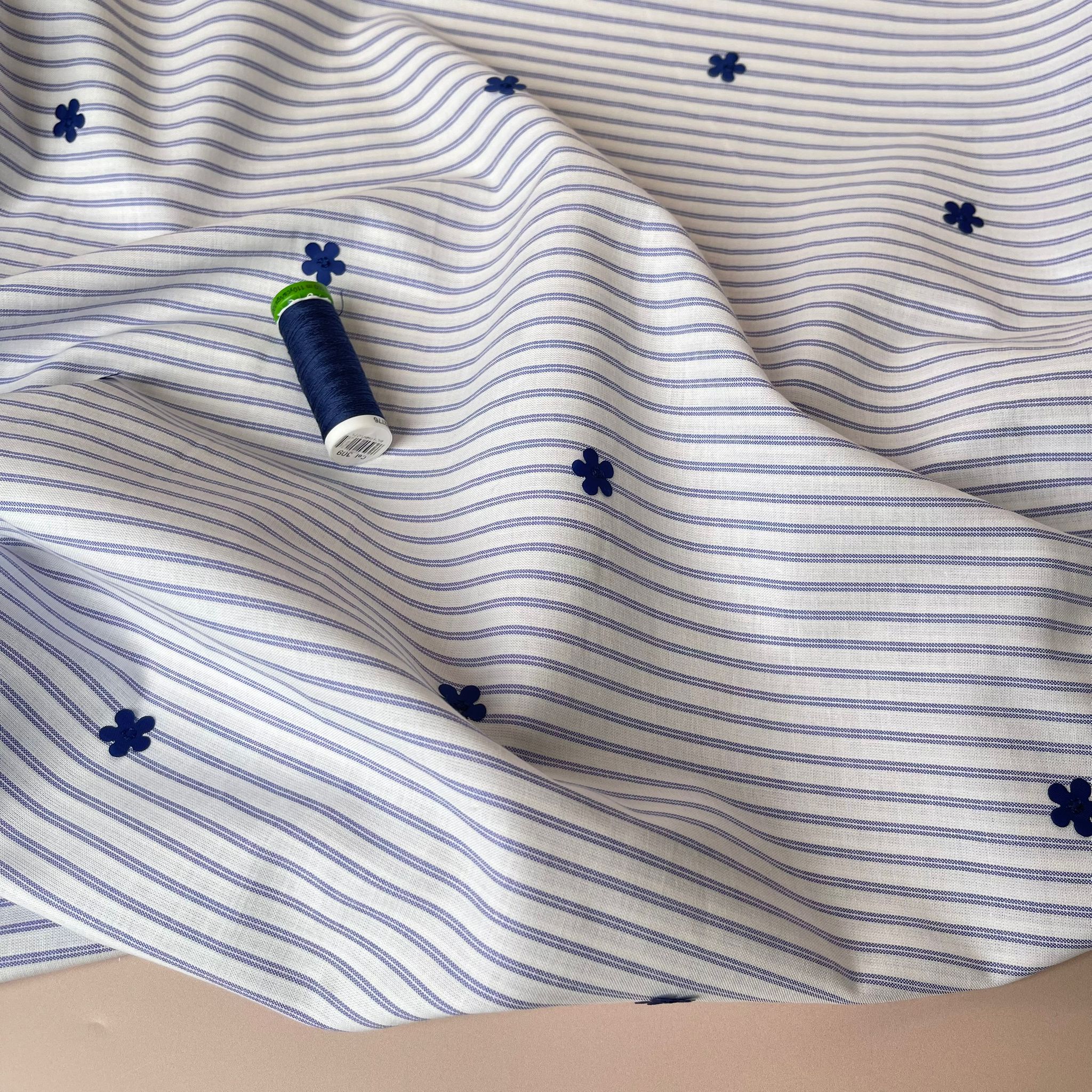 REMNANT 0.84 Metre - Applique Blue Flowers on White Striped Cotton Fabric - Image 4