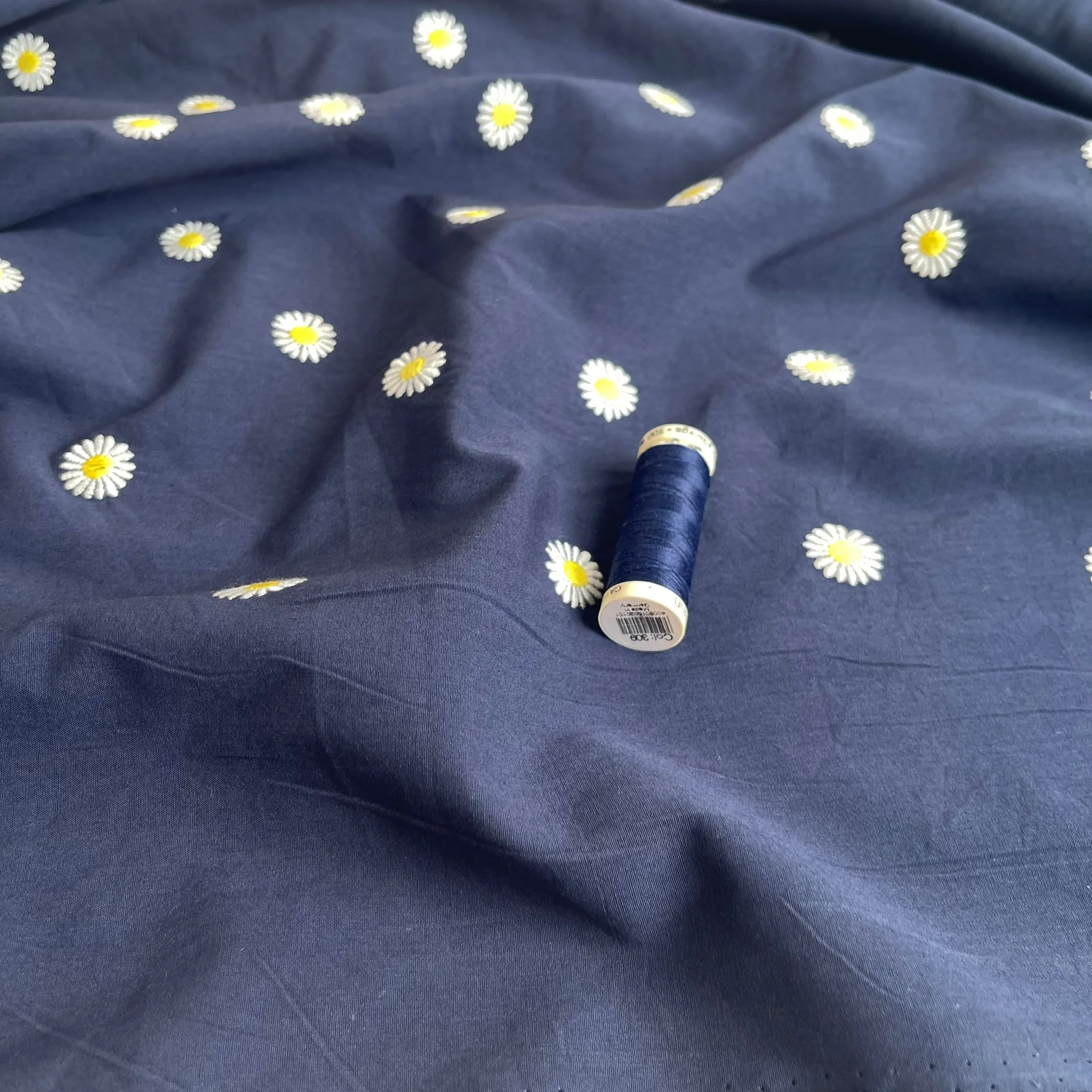 Embroidered Daisies on Navy Cotton Poplin - Image 7
