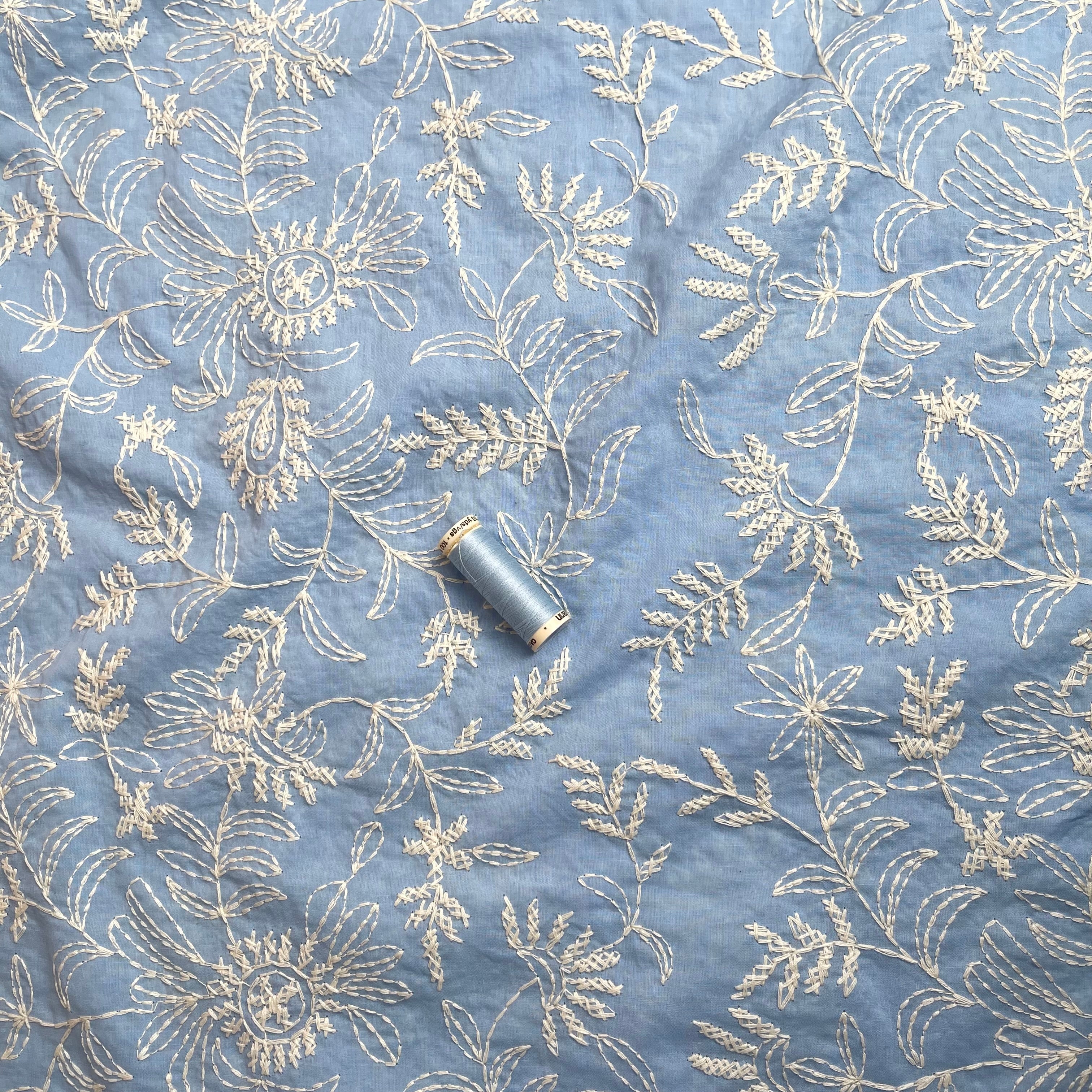 Embroidered Wildflowers on Light Blue Cotton Fabric - Image 4