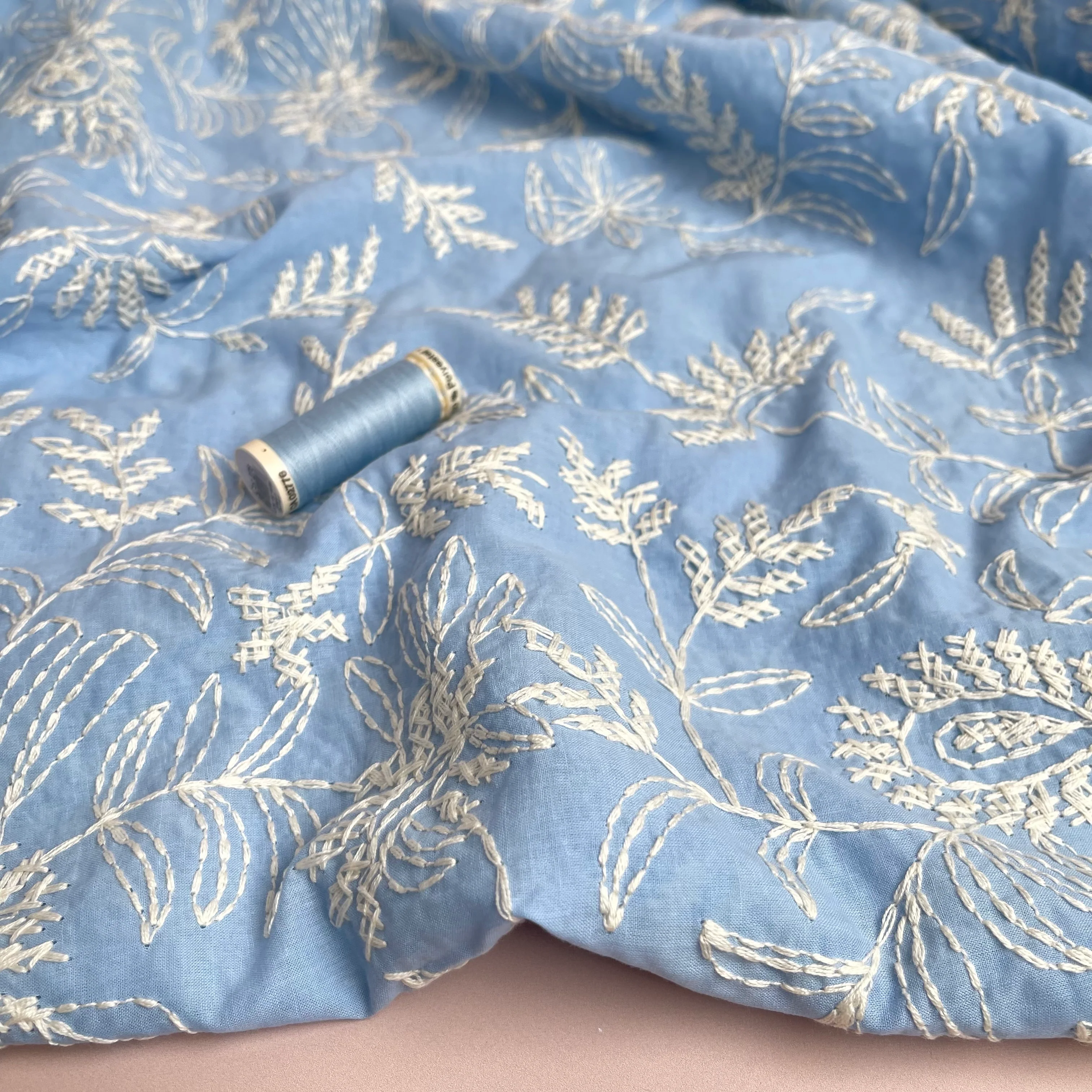 Embroidered Wildflowers on Light Blue Cotton Fabric - Image 6