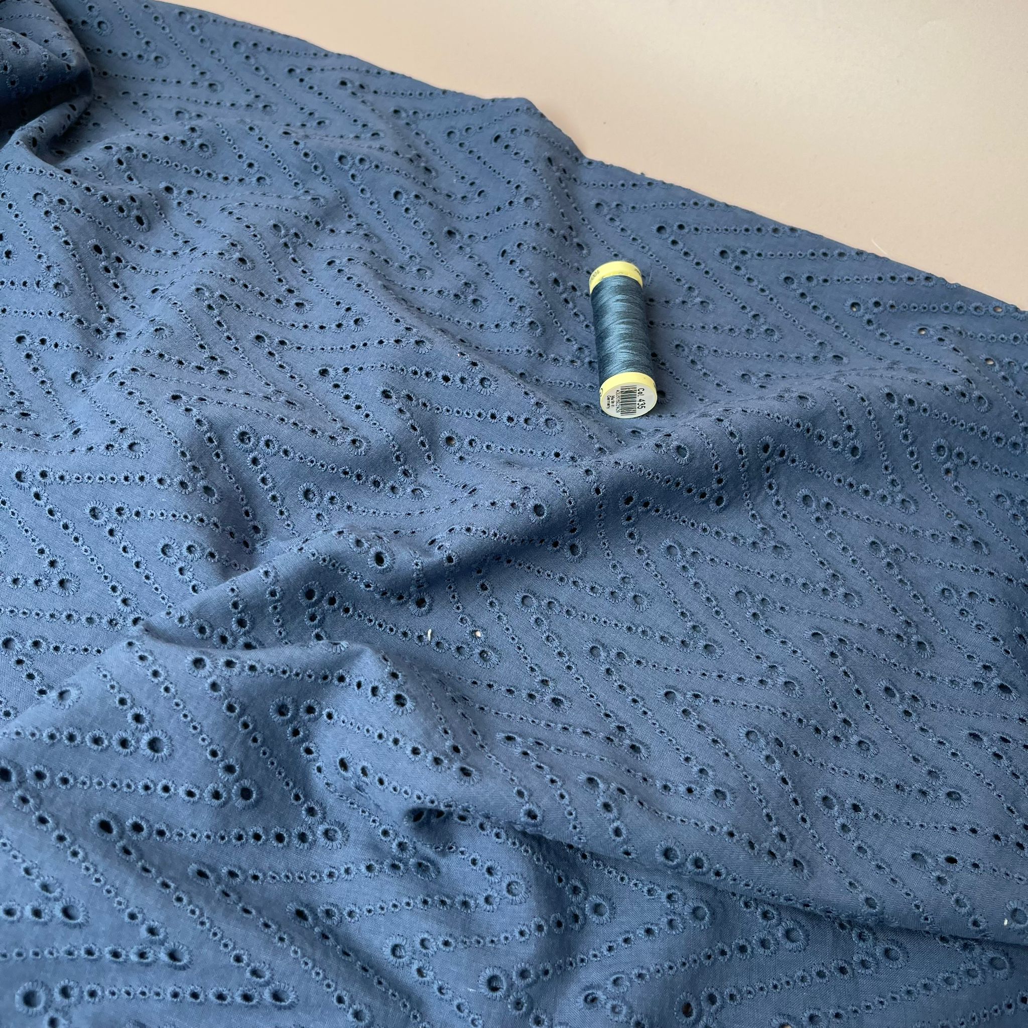 Embroidered Zig-Zags on Denim Navy Cotton Broderie Anglaise Fabric - Image 6