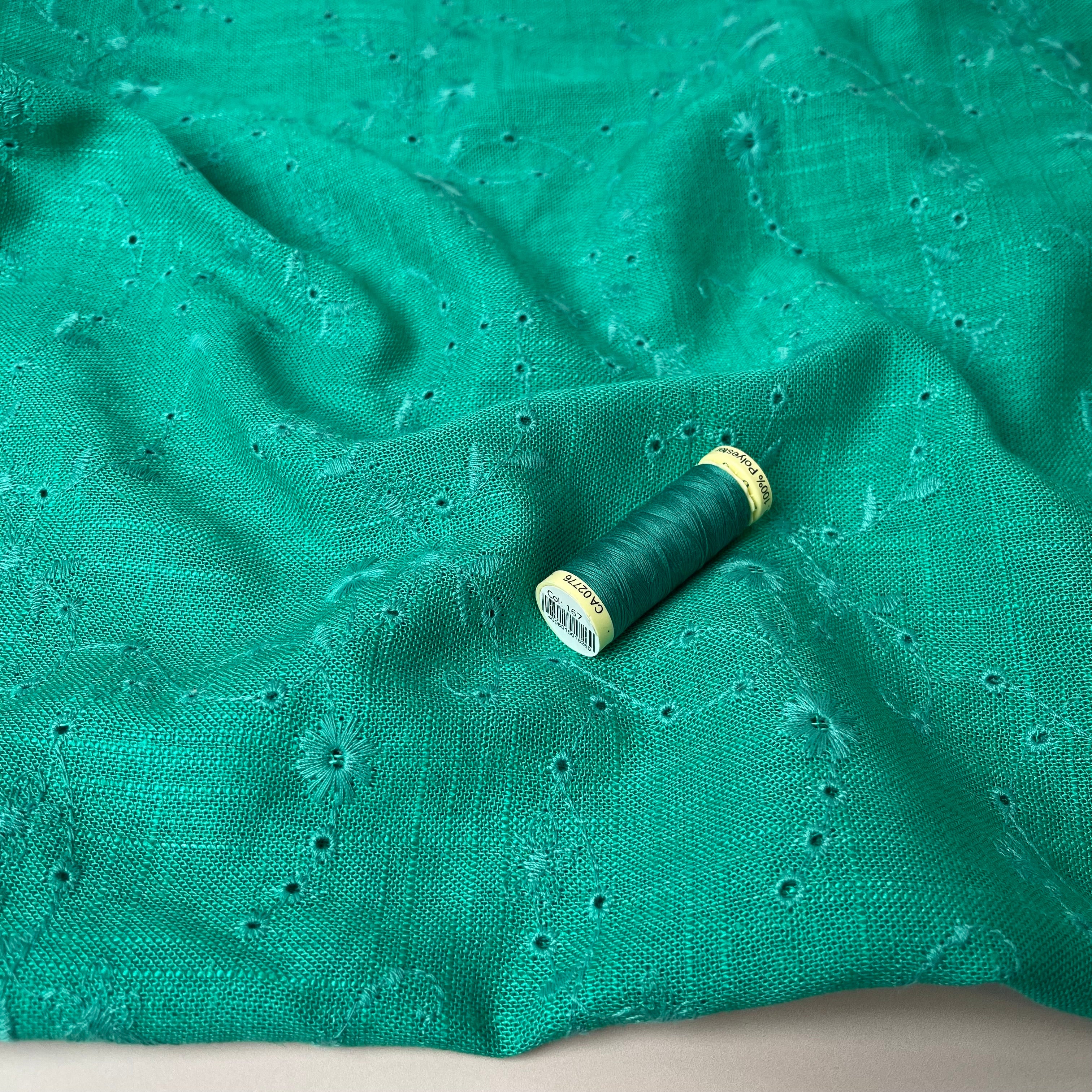 Floral Vines on Emerald Embroidered Viscose Linen Fabric - Image 4