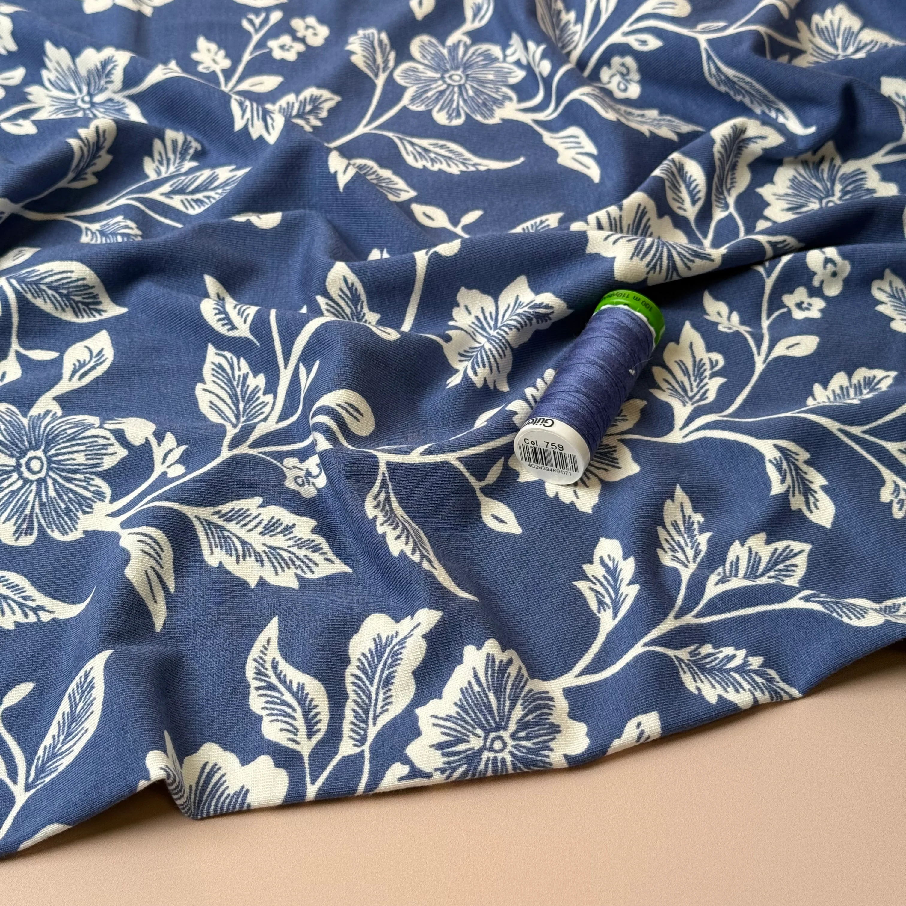 Flowers on Coastal Blue Viscose Jersey Fabric - Image 6