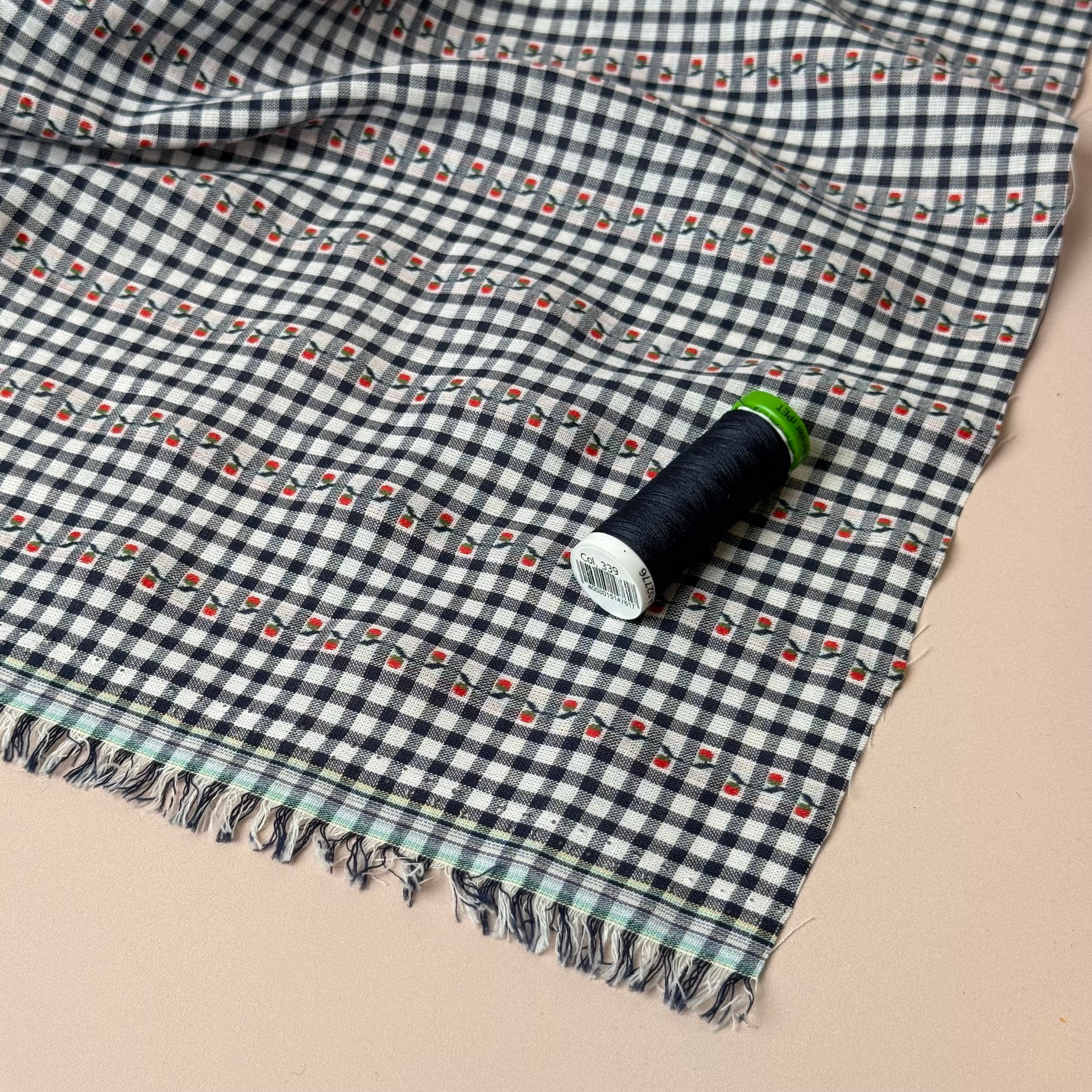 Flowers on Dark Navy Gingham Yarn Dyed Cotton Jacquard - Image 10