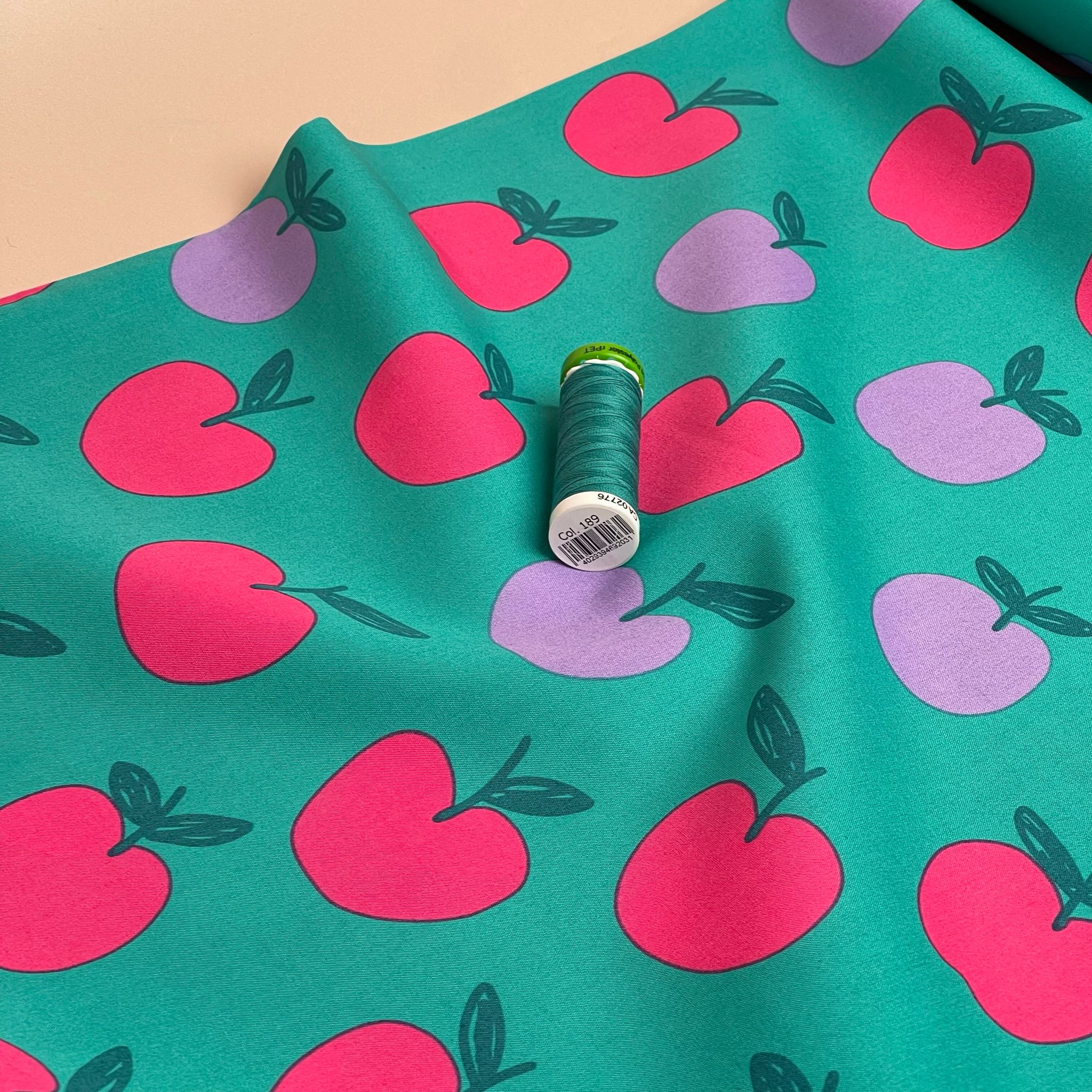 Funky Apples on Teal Cotton Poplin Fabric - Image 2