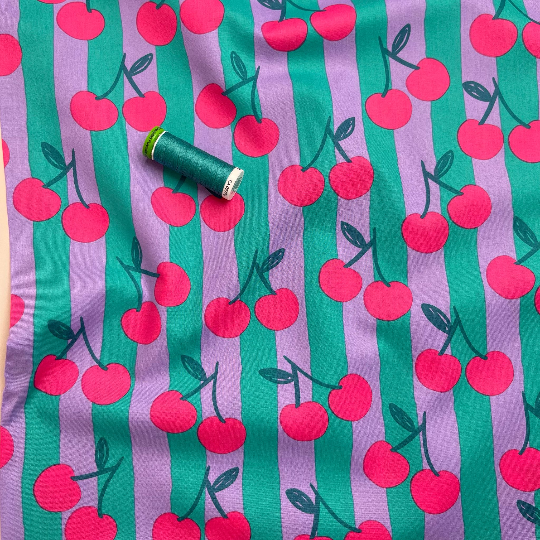 REMNANT 0.46 Metre - Funky Cherry Stripes on Teal Cotton Poplin Fabric - Image 3