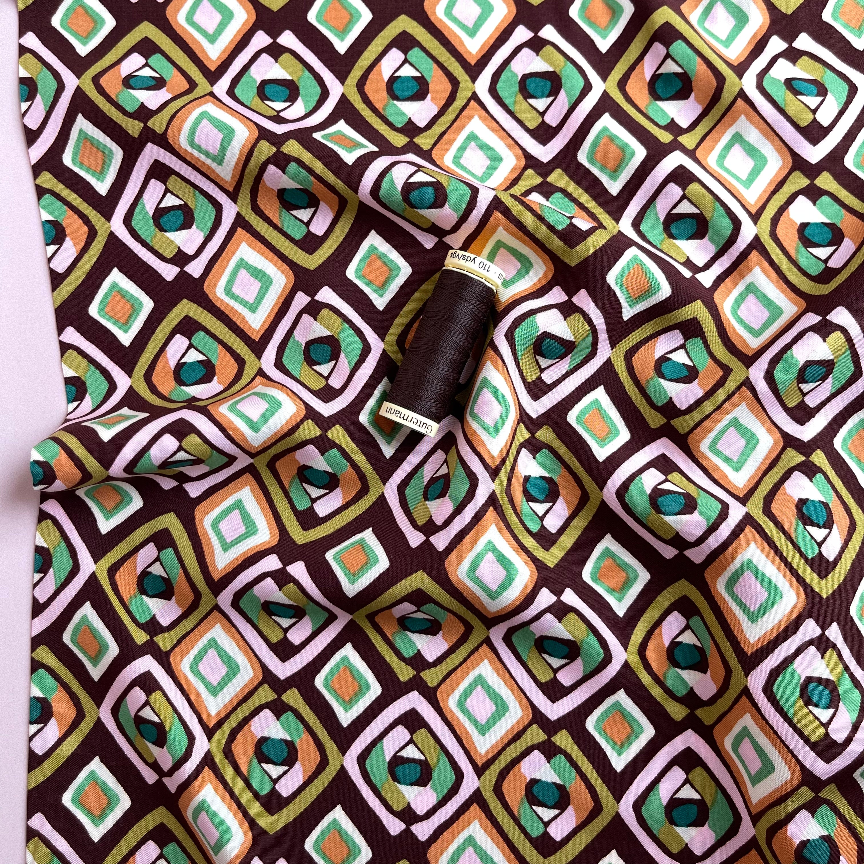 REMNANT 3.10 Metres - Geo Shapes on Brown Viscose Fabric - Image 2