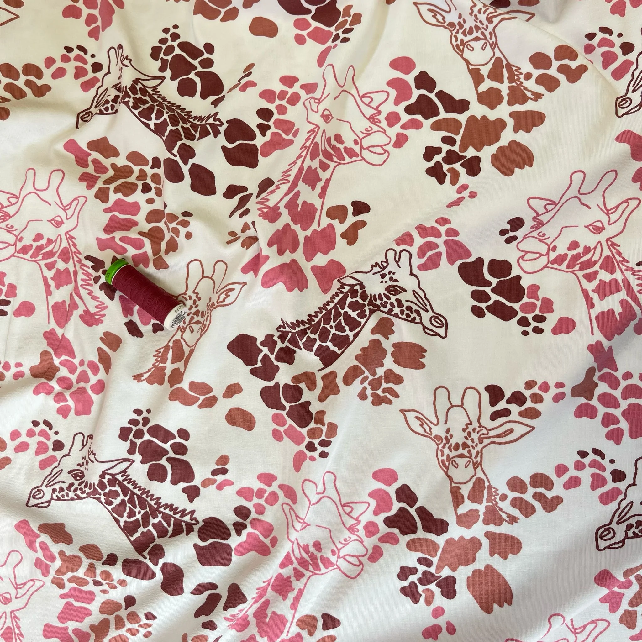 Giraffe's in Red Cotton Jersey Fabric - Image 6