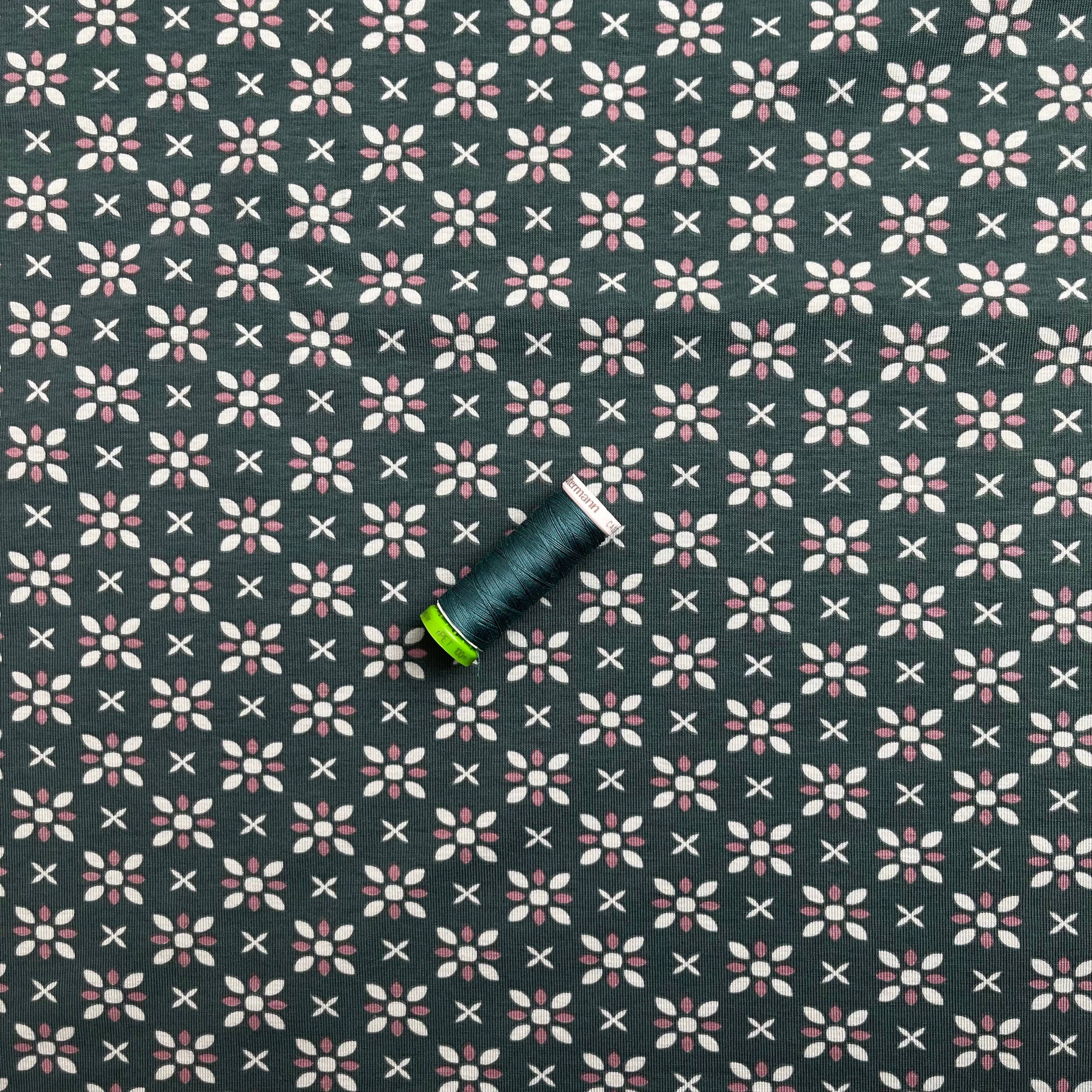 REMNANT 0.50 metre - Graphic Flowers Teal Cotton Jersey - Image 2