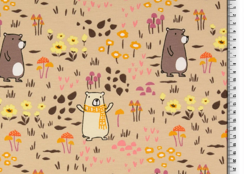 REMNANT 2.7 Metres - Happy Bears Sand Cotton Jersey Fabric - Image 4