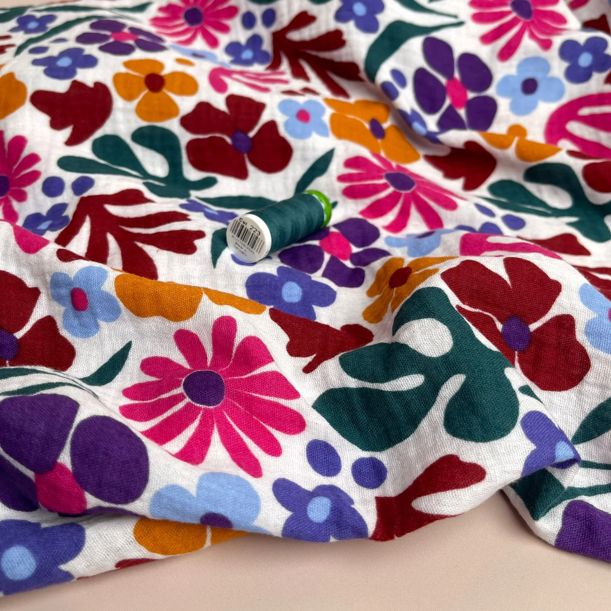 Joyful Flowers on White Cotton Double Gauze - Image 3