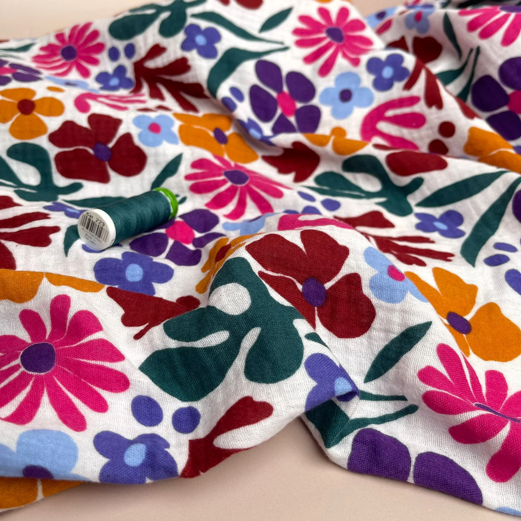 Joyful Flowers on White Cotton Double Gauze - Image 4