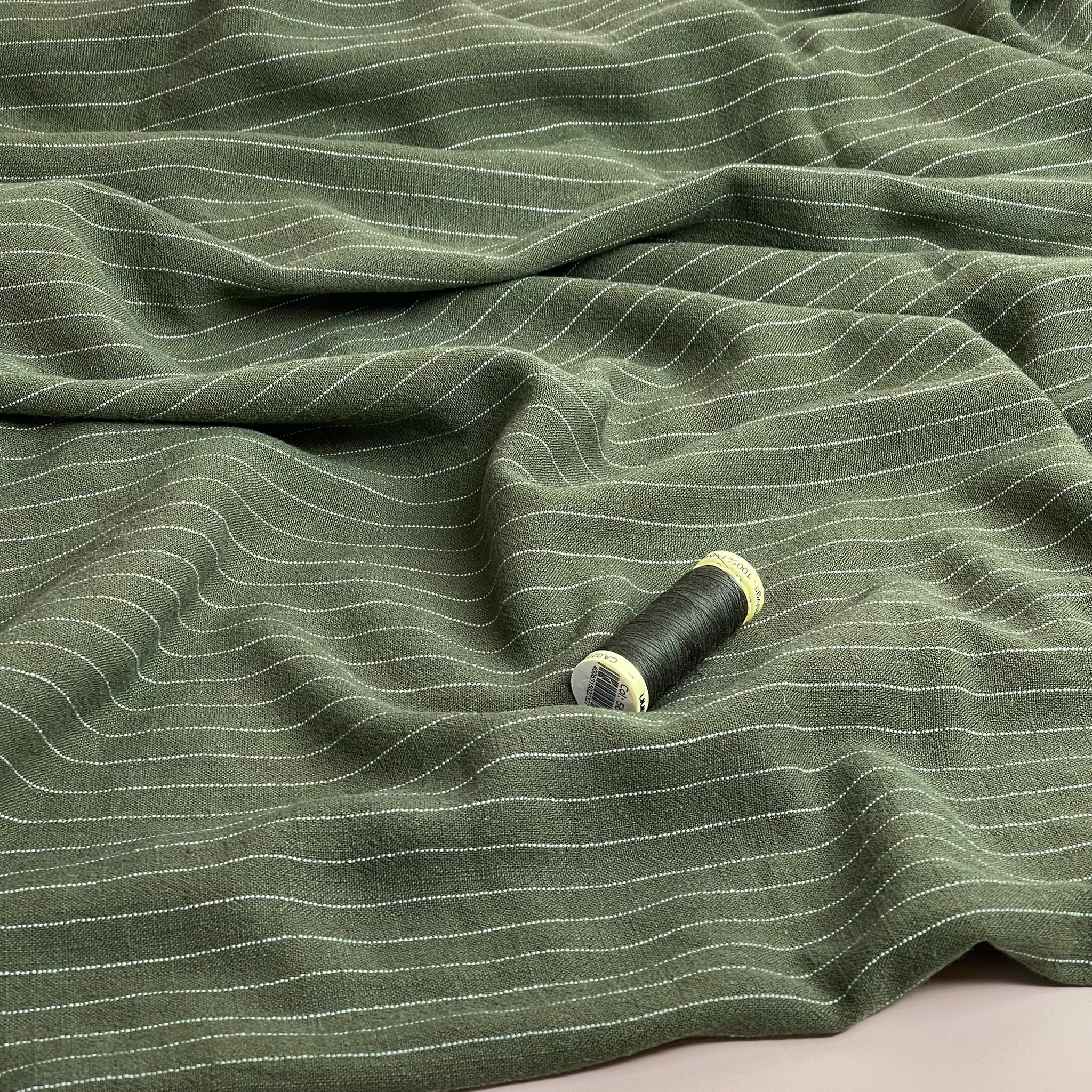 Khaki Pinstripe Viscose Linen Noil Fabric - Image 5