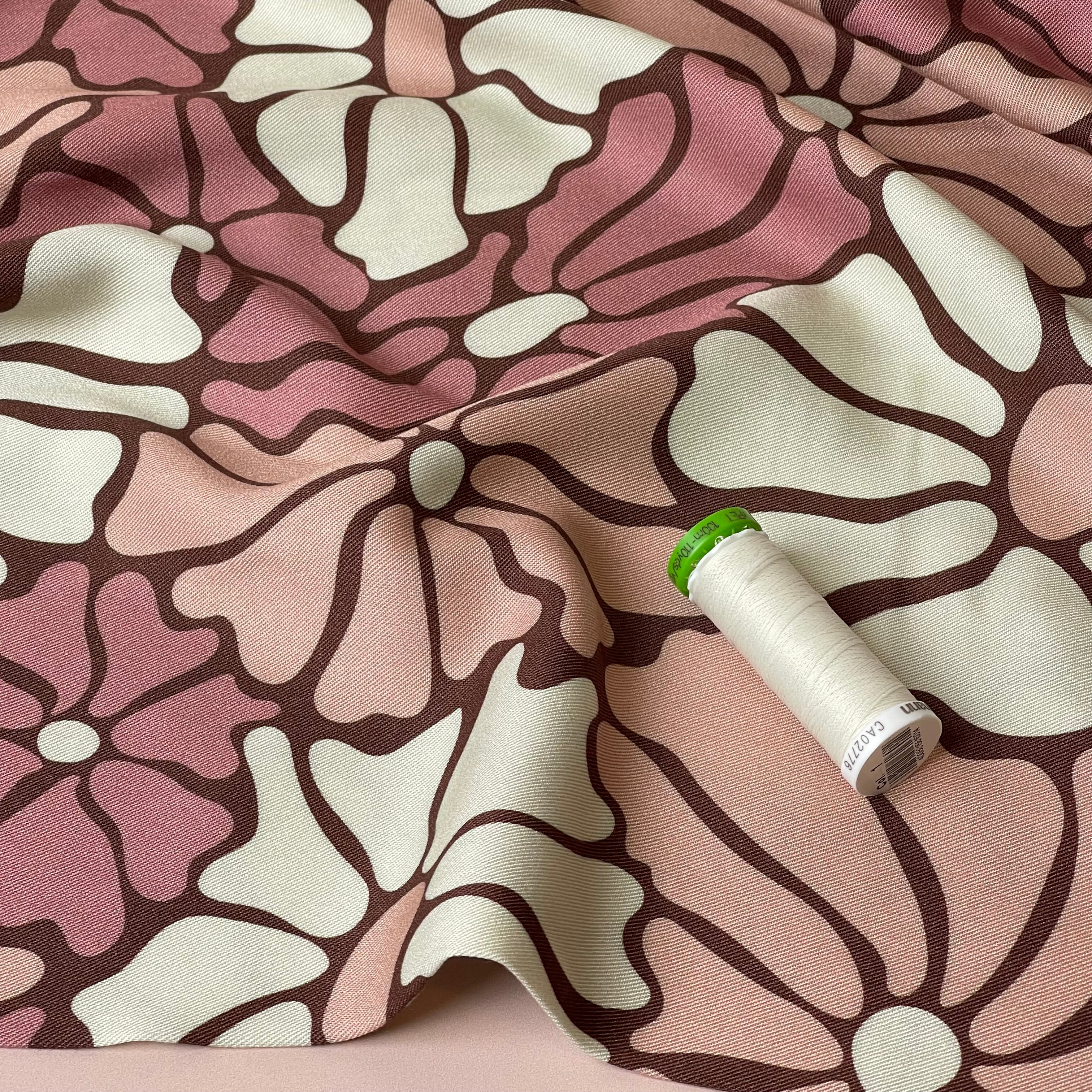 REMNANT 0.82 Metre - Light & Lush - Pink Blooms on Brown Viscose Twill Fabric - Image 2