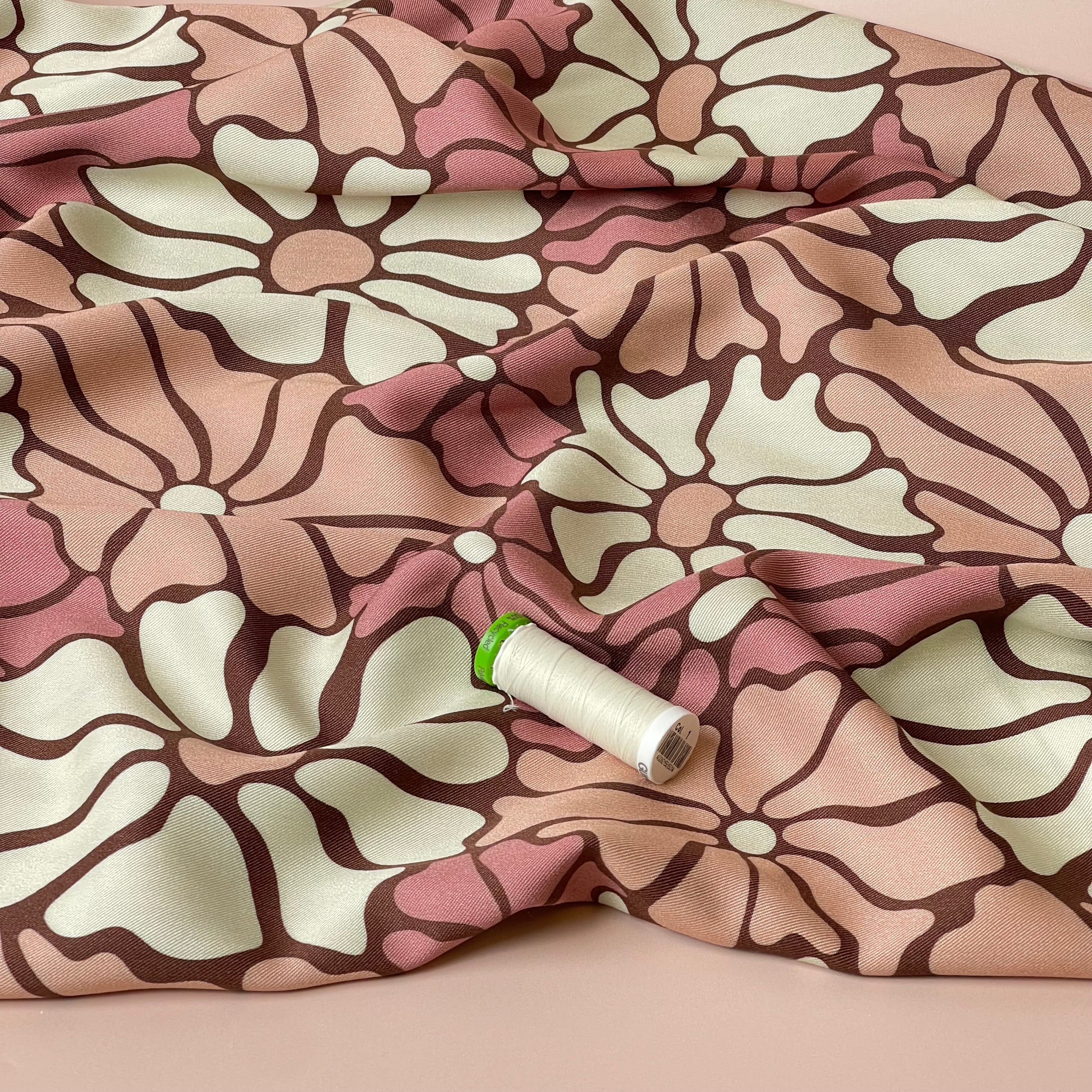 REMNANT 0.82 Metre - Light & Lush - Pink Blooms on Brown Viscose Twill Fabric - Image 7