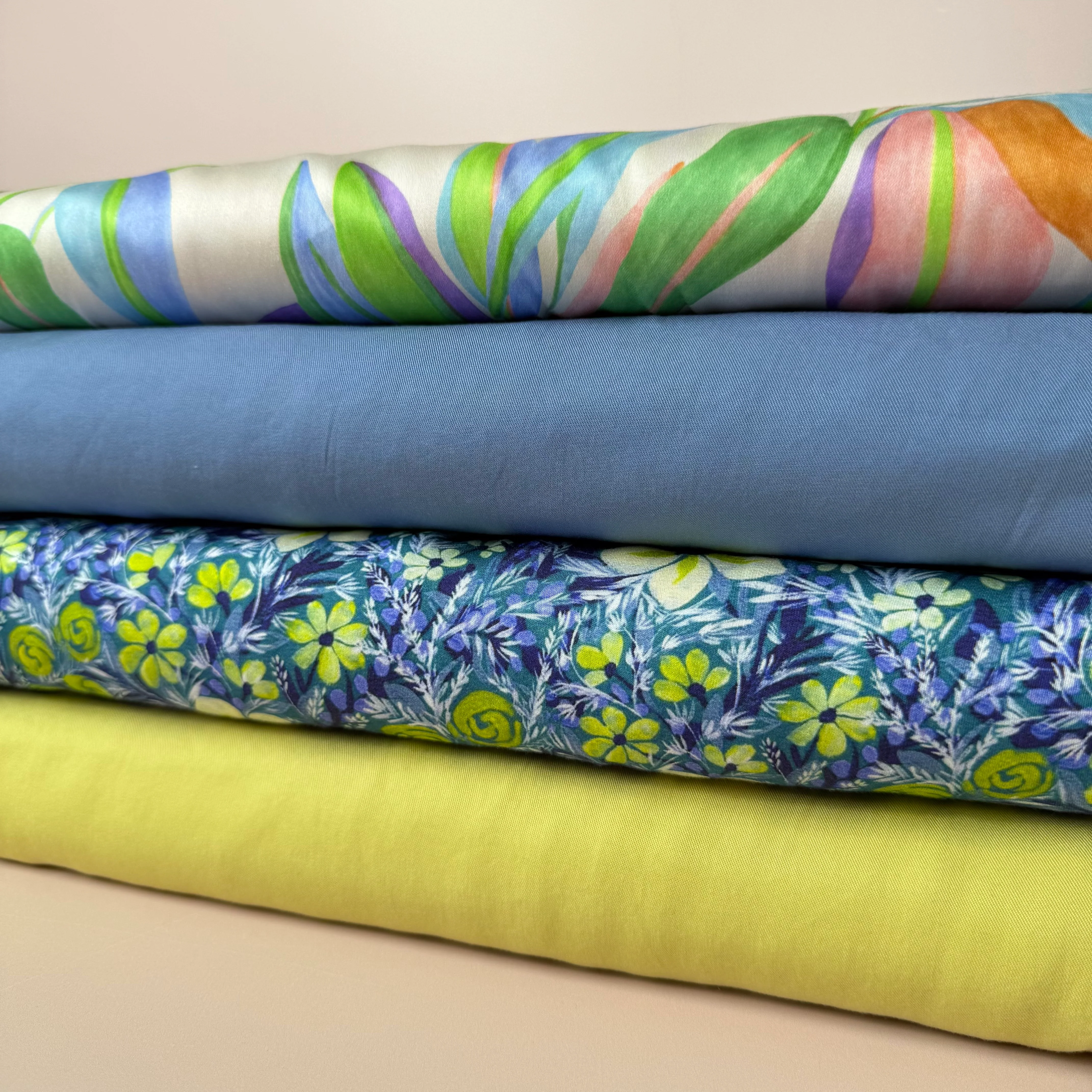Lime Flowers on Blue Viscose Sateen Fabric - Image 5