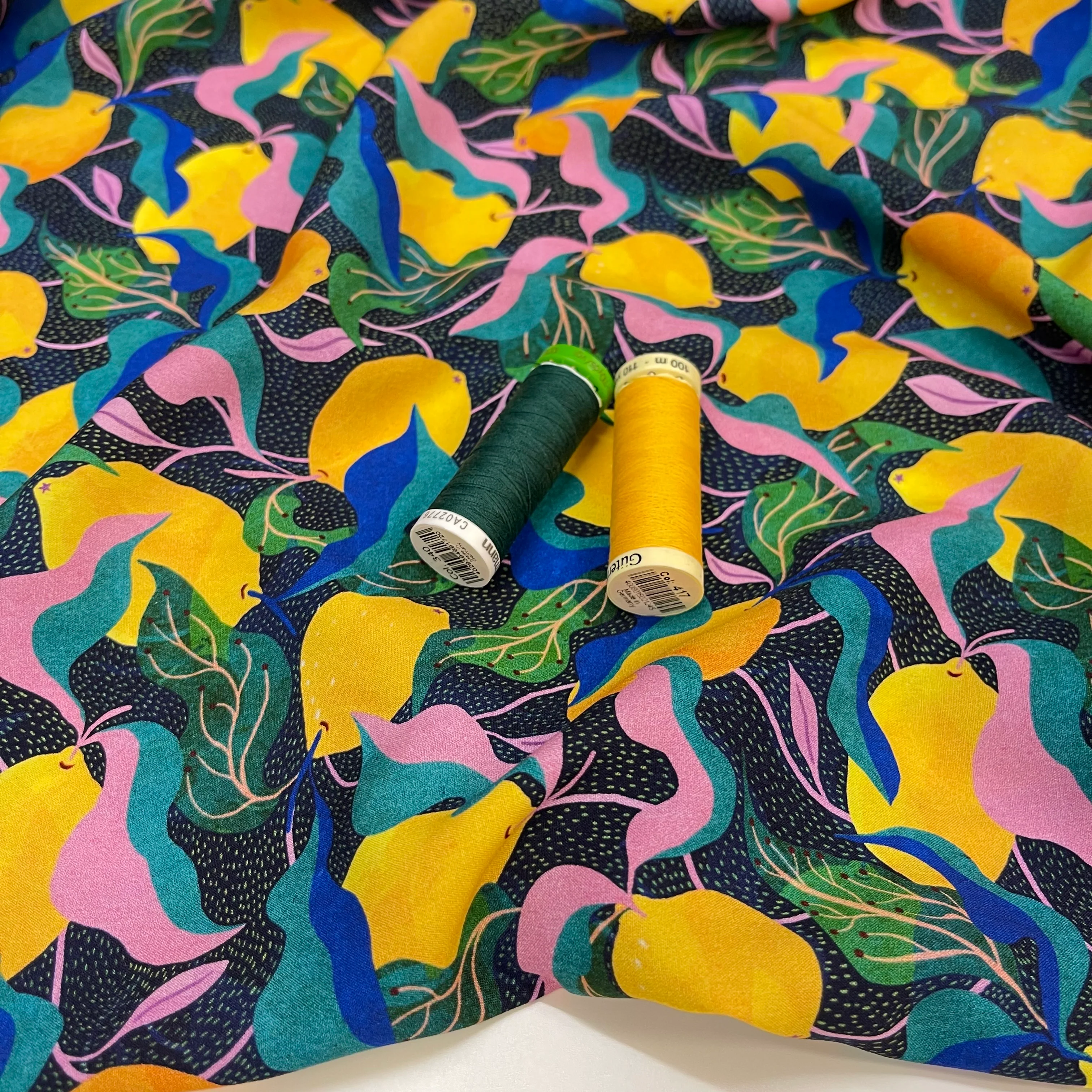 Adventure - Mediterranean Lemons Viscose in Dark Navy & Green - Image 4