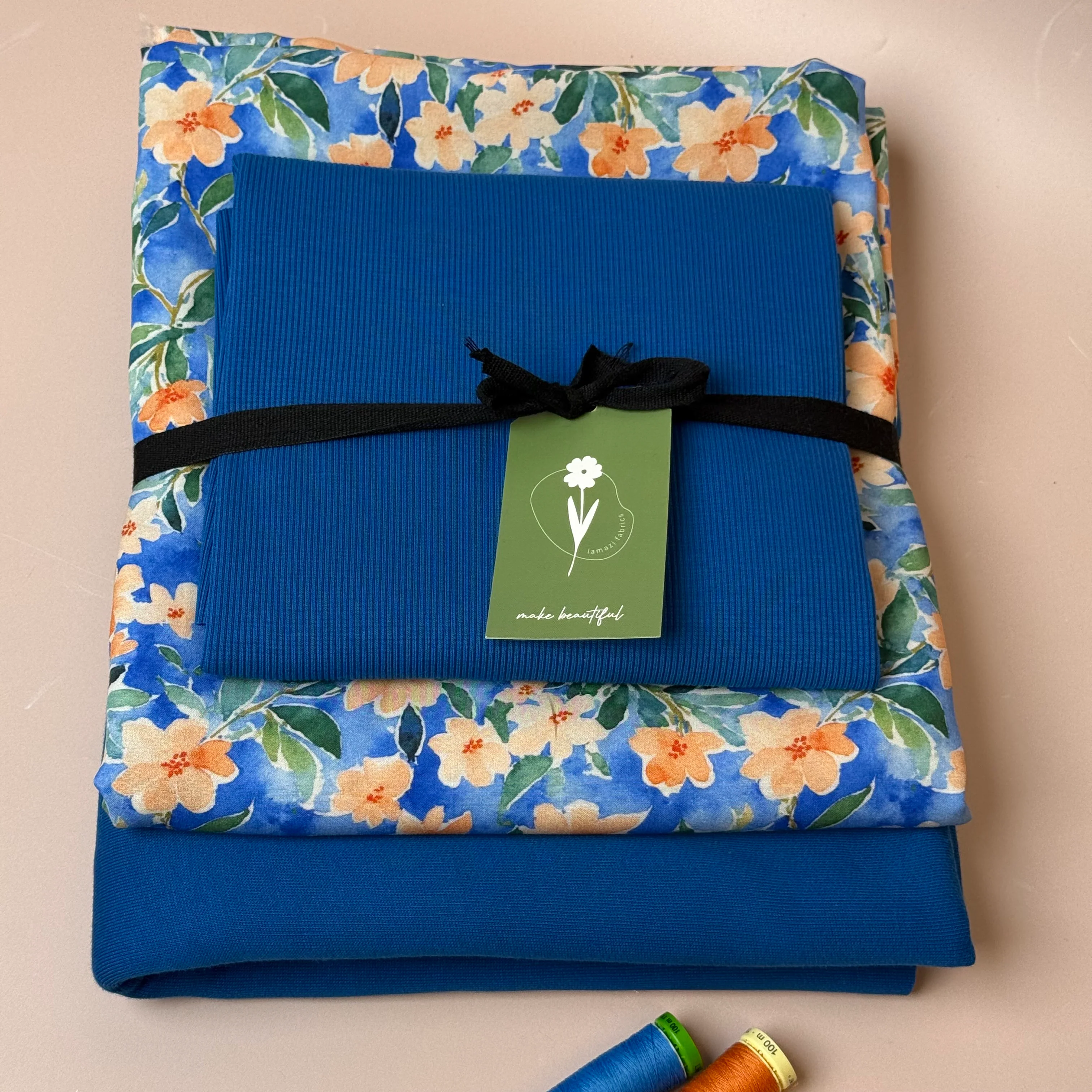 Make an Outfit Colour Bundle - Peach Flowers Viscose & Brushed Sweatshirt in Intense Blue with Ribbing - Image 2