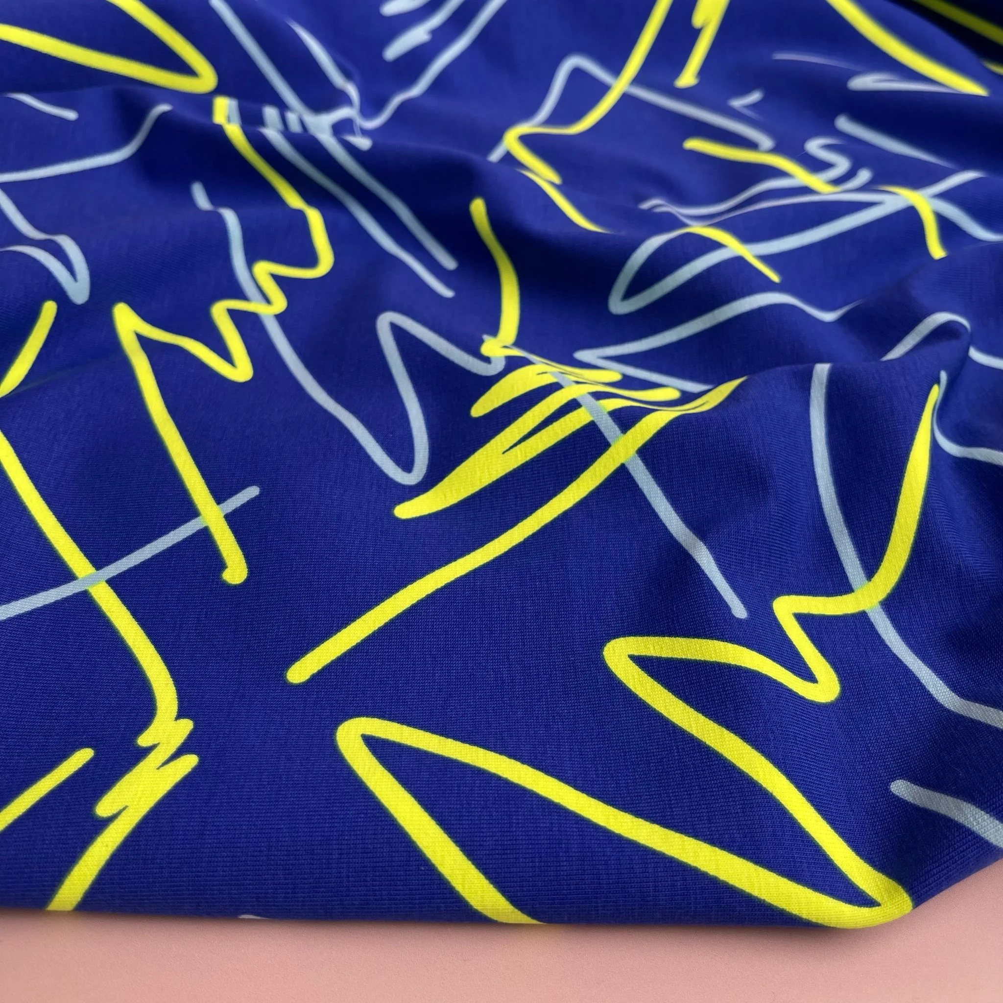 Neon Doodles on Blue Cotton Jersey Fabric - Image 7