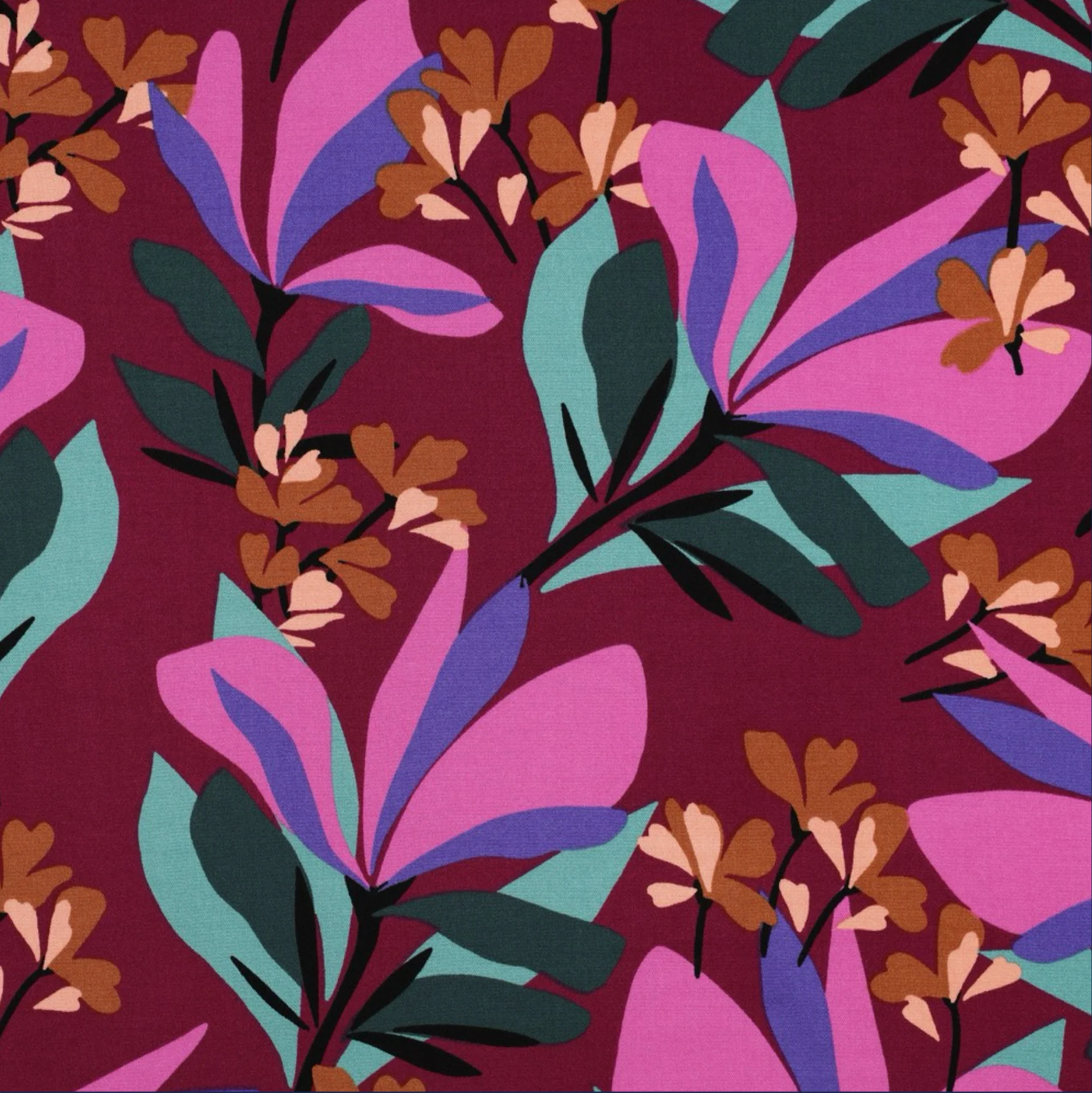 Rosella Spring Garden on Plum Stretch Viscose Twill Fabric - Image 6
