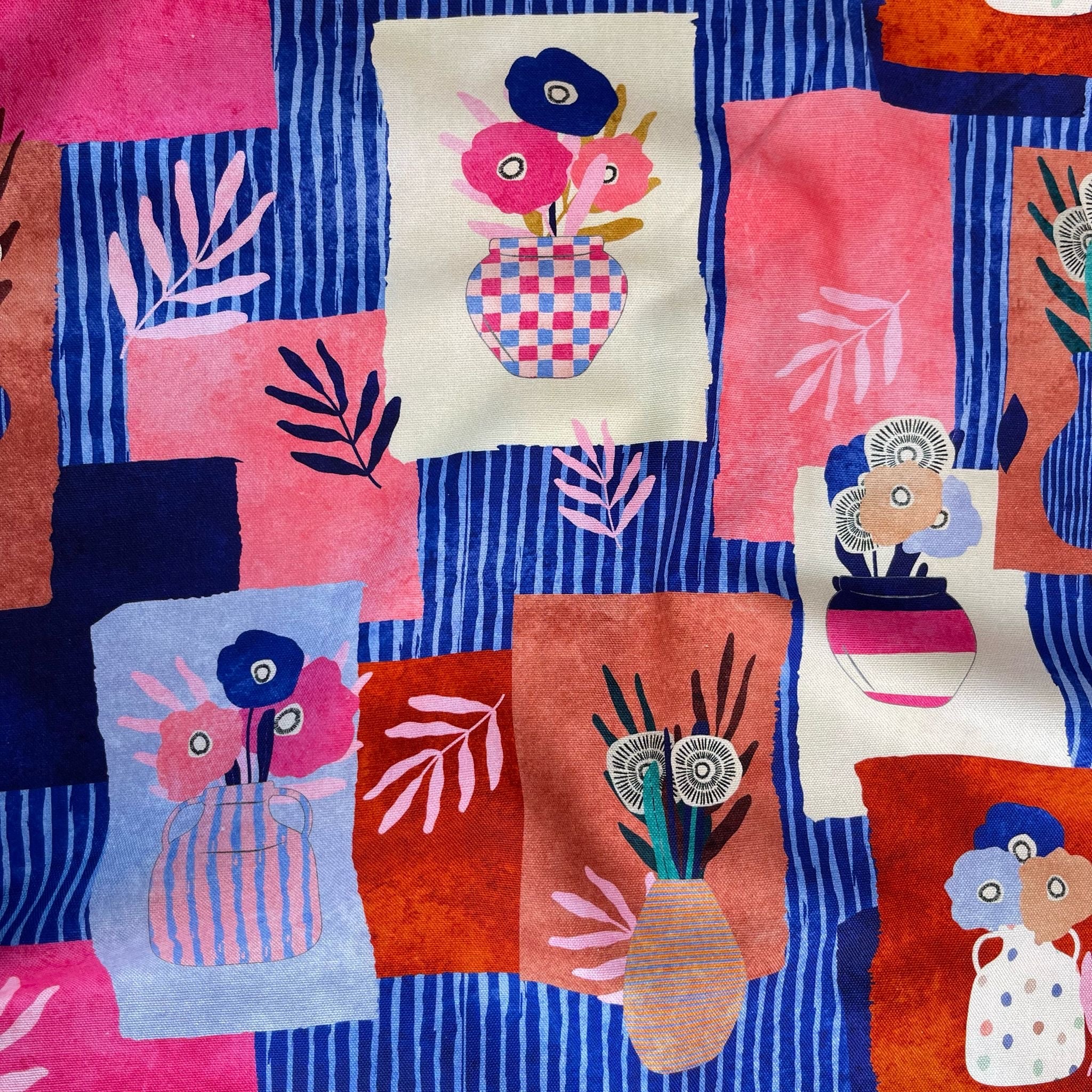 Tossed Vases in Cobalt and Pink Cotton Canvas Fabric - Image 6