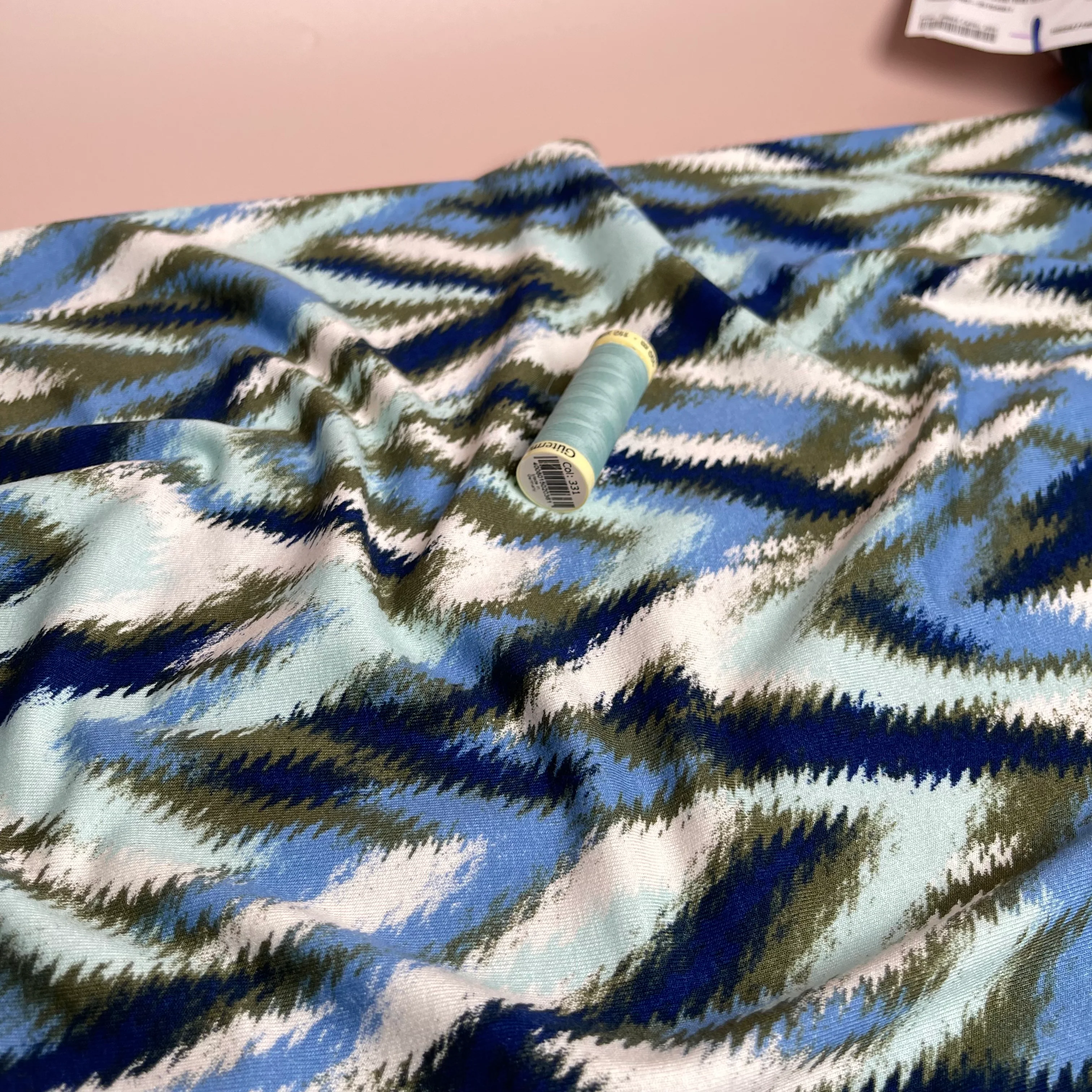 Painted Chevrons Light Blue Viscose Jersey Fabric - Image 2