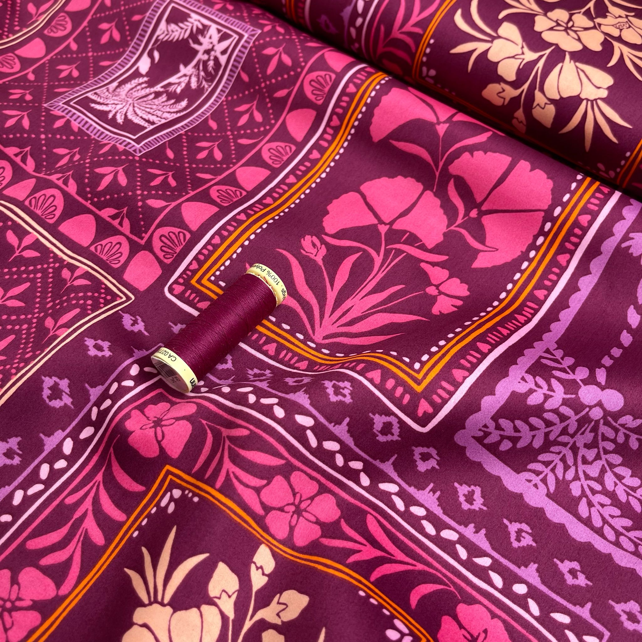 Patchwork Foliage Fuchsia Cotton Sateen Fabric - Image 8