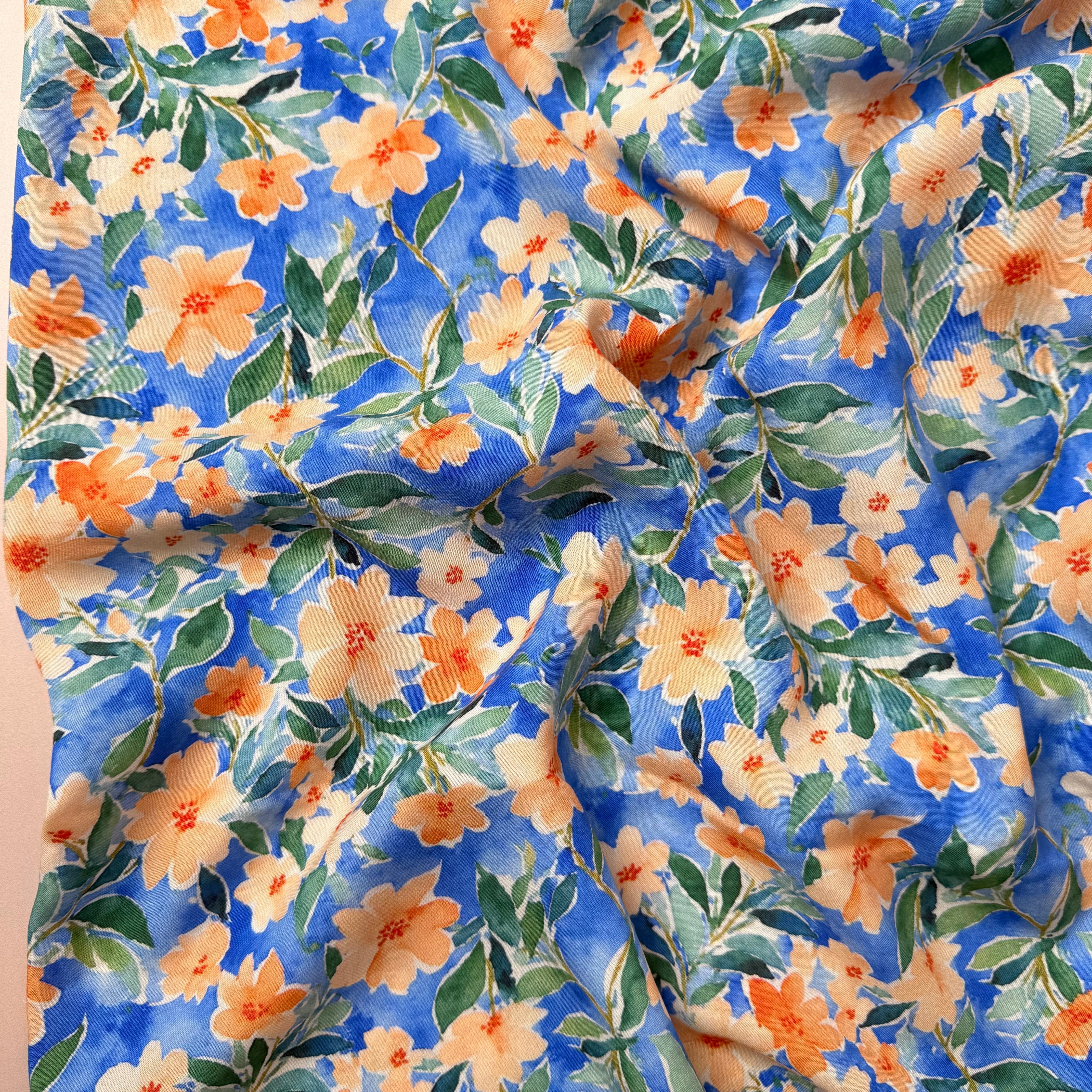 Peach Watercolour Flowers on Blue Viscose Fabric - Image 5