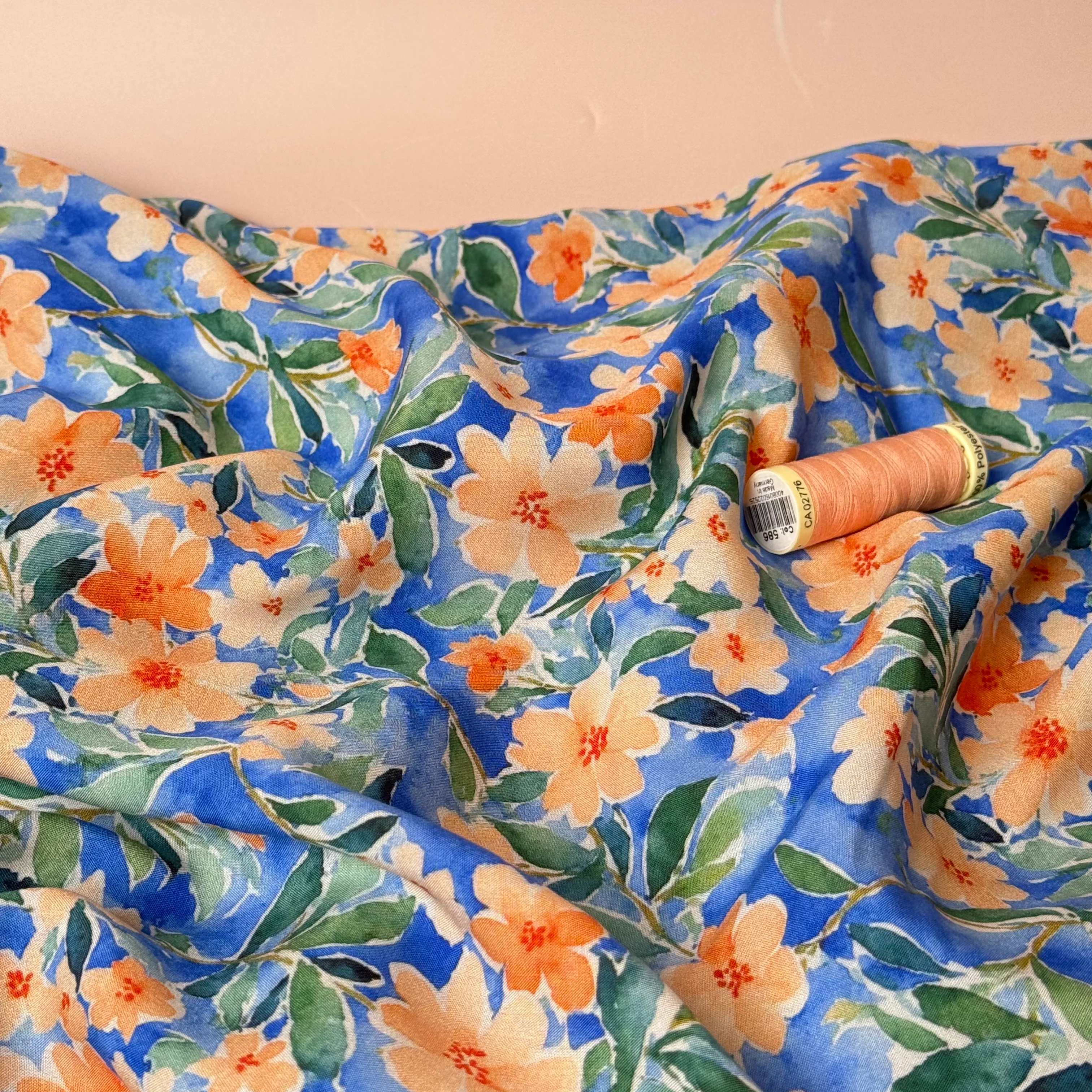 Peach Watercolour Flowers on Blue Viscose Fabric - Image 6