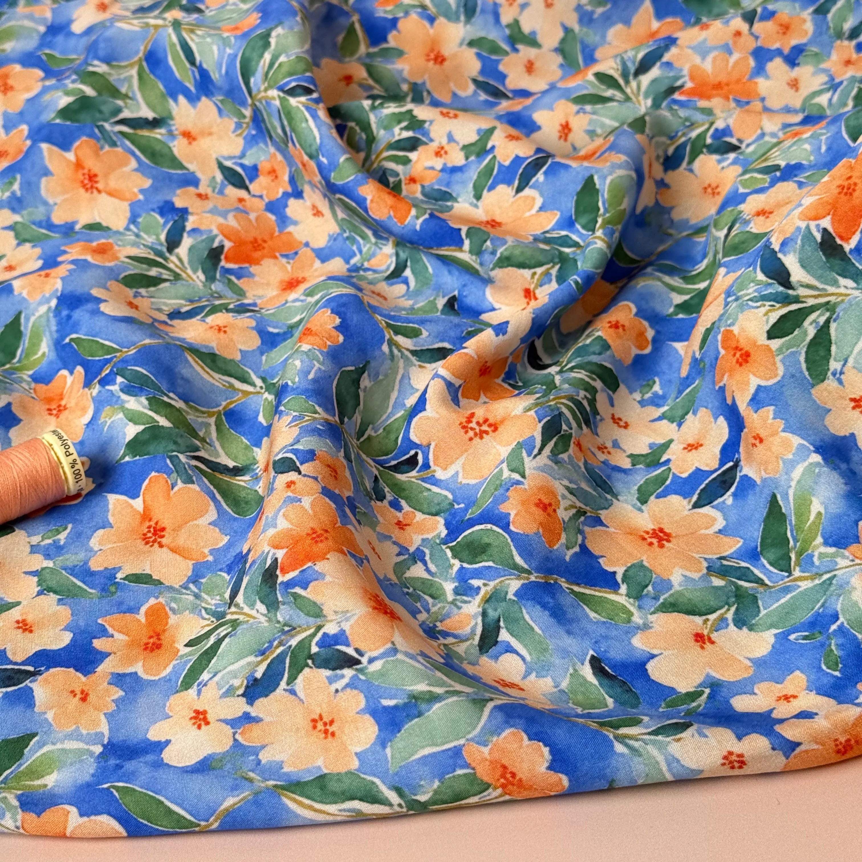 Peach Watercolour Flowers on Blue Viscose Fabric - Image 7