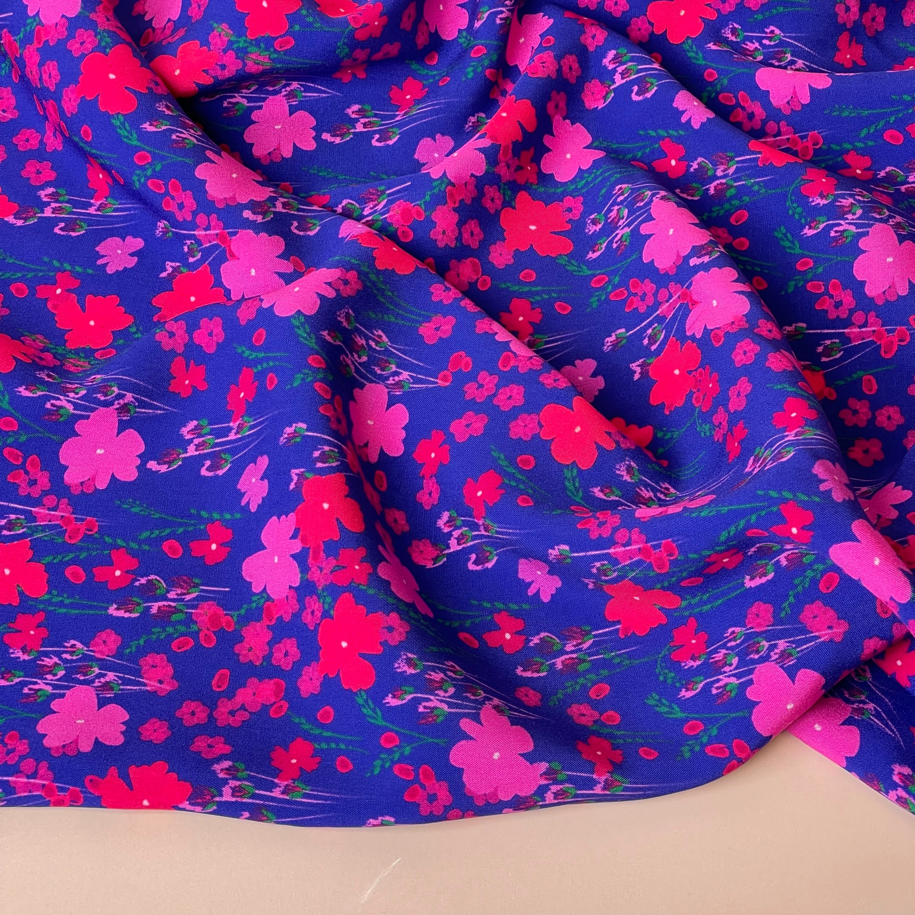 Pink Flowers on Blue LENZING™ ECOVERO™ Viscose Fabric - Image 5